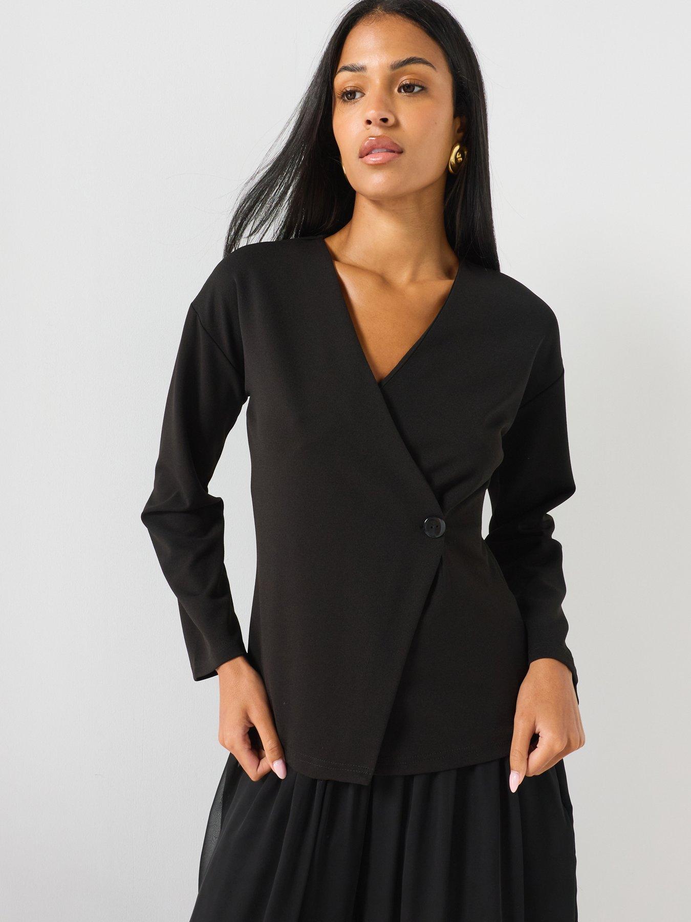 Image 1 of 5 of Vero Moda Wrap Front Long Sleeve Cardigan Top - Black