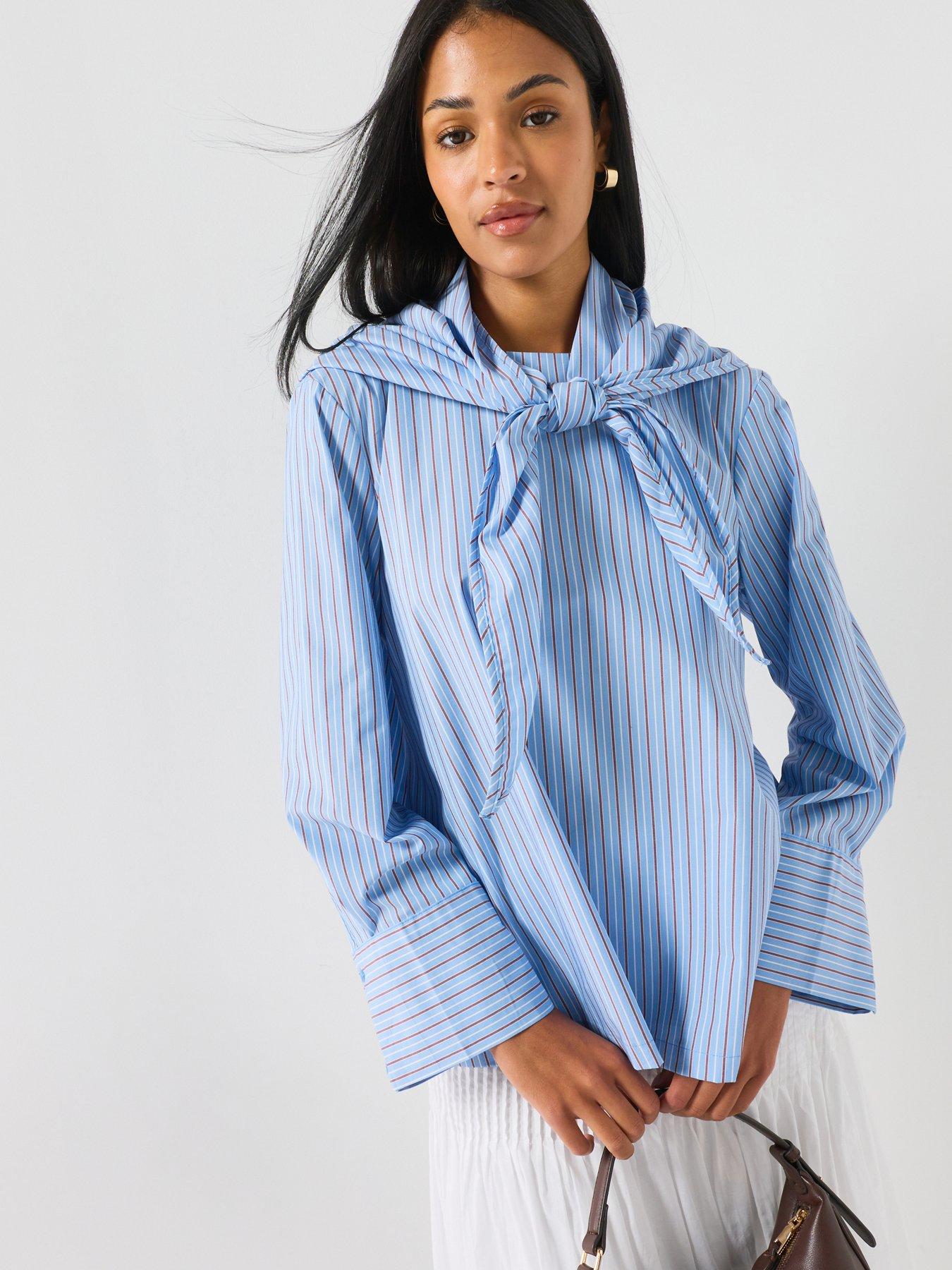 Image 1 of 6 of Vero Moda Vmzima Women's Striped Scarf-Neck Blouse - Blue
