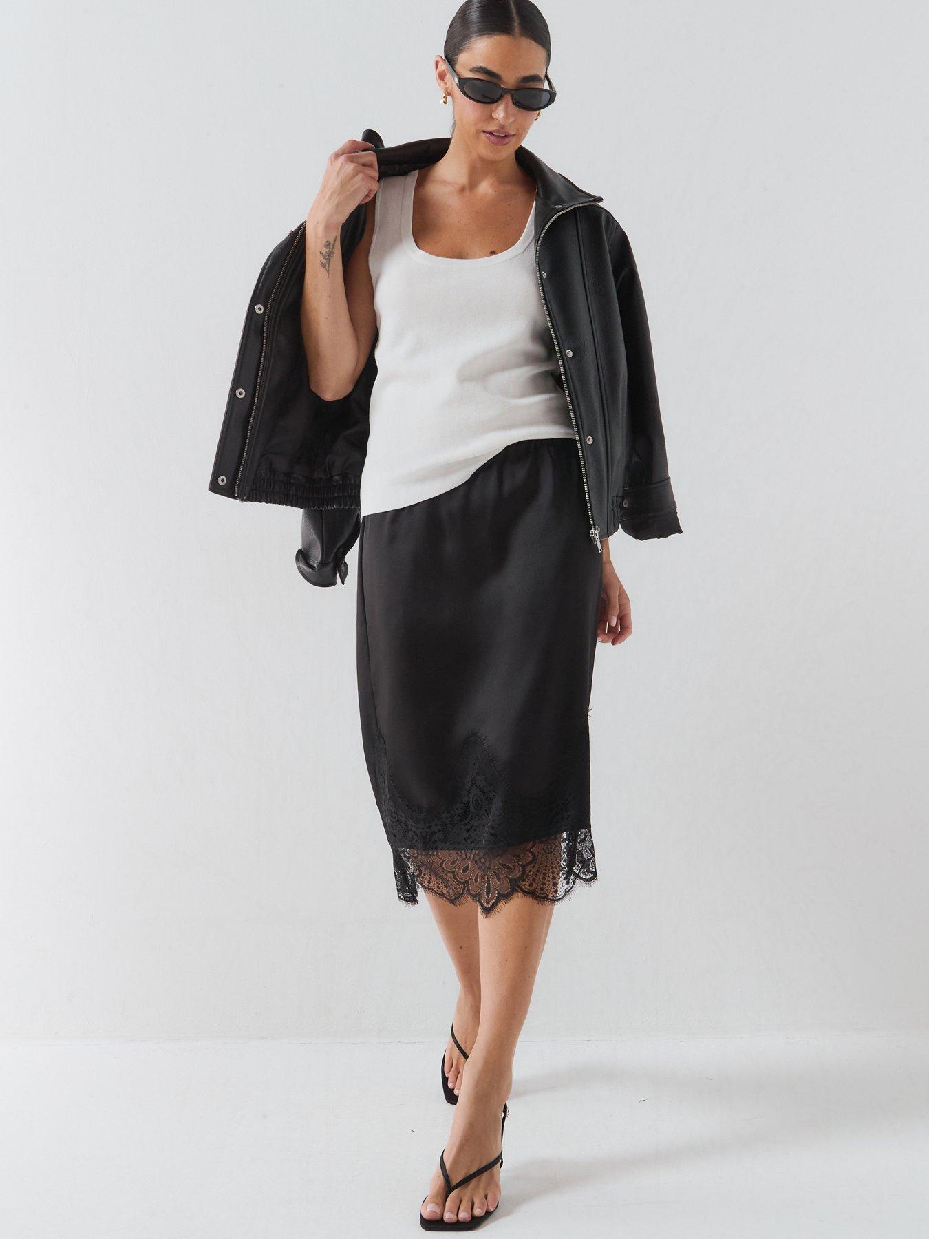 Only Women's Satin Midi Skirt with Lace Trim Hem - Black