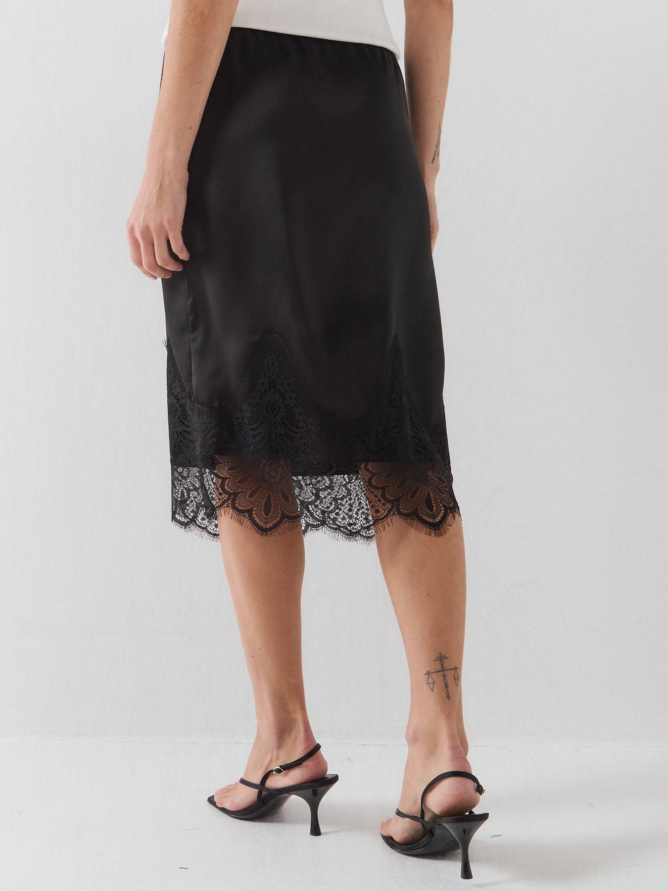 Image 2 of 6 of Only Women's Satin Midi Skirt with Lace Trim Hem - Black
