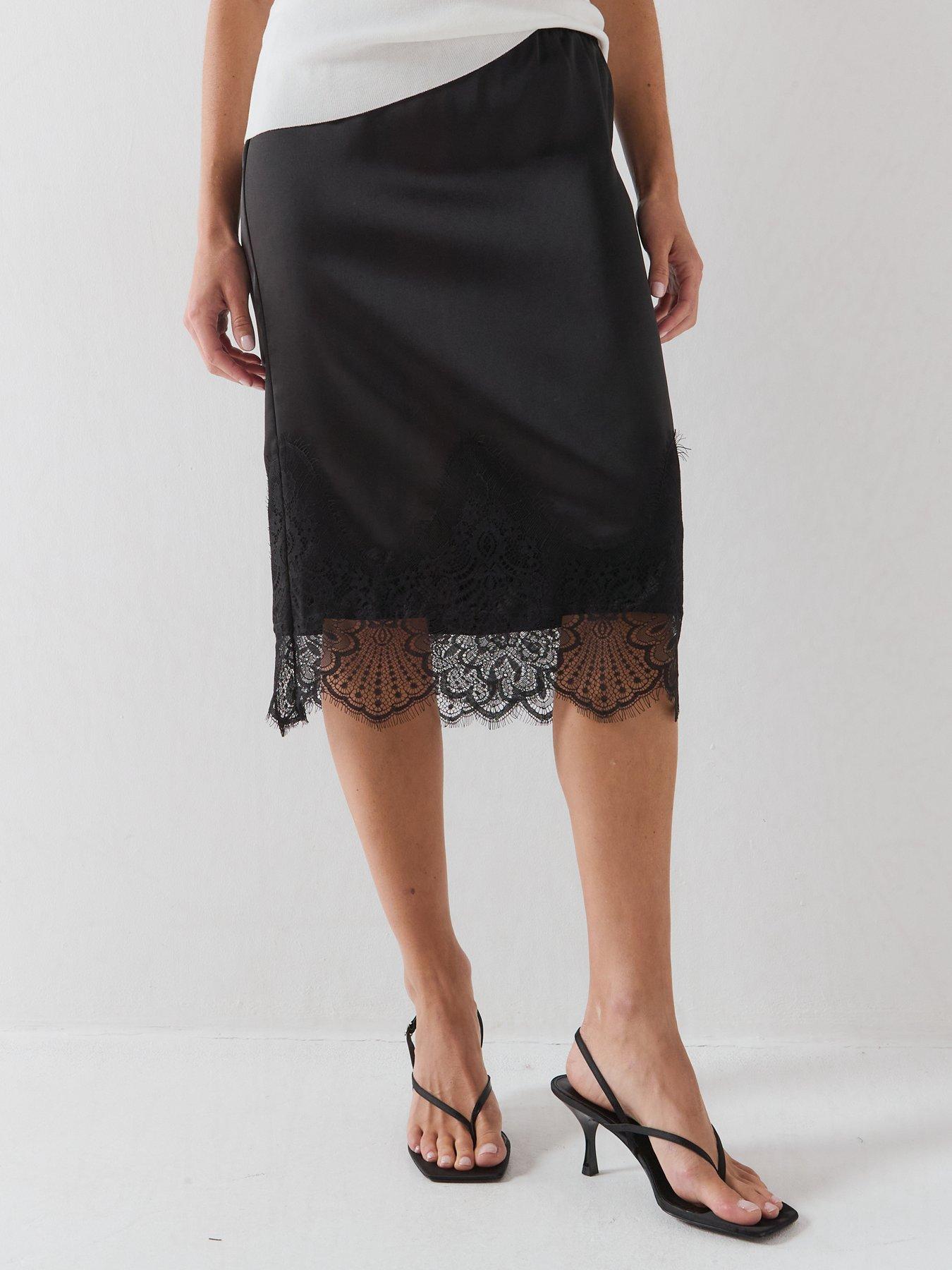 Image 3 of 6 of Only Women's Satin Midi Skirt with Lace Trim Hem - Black