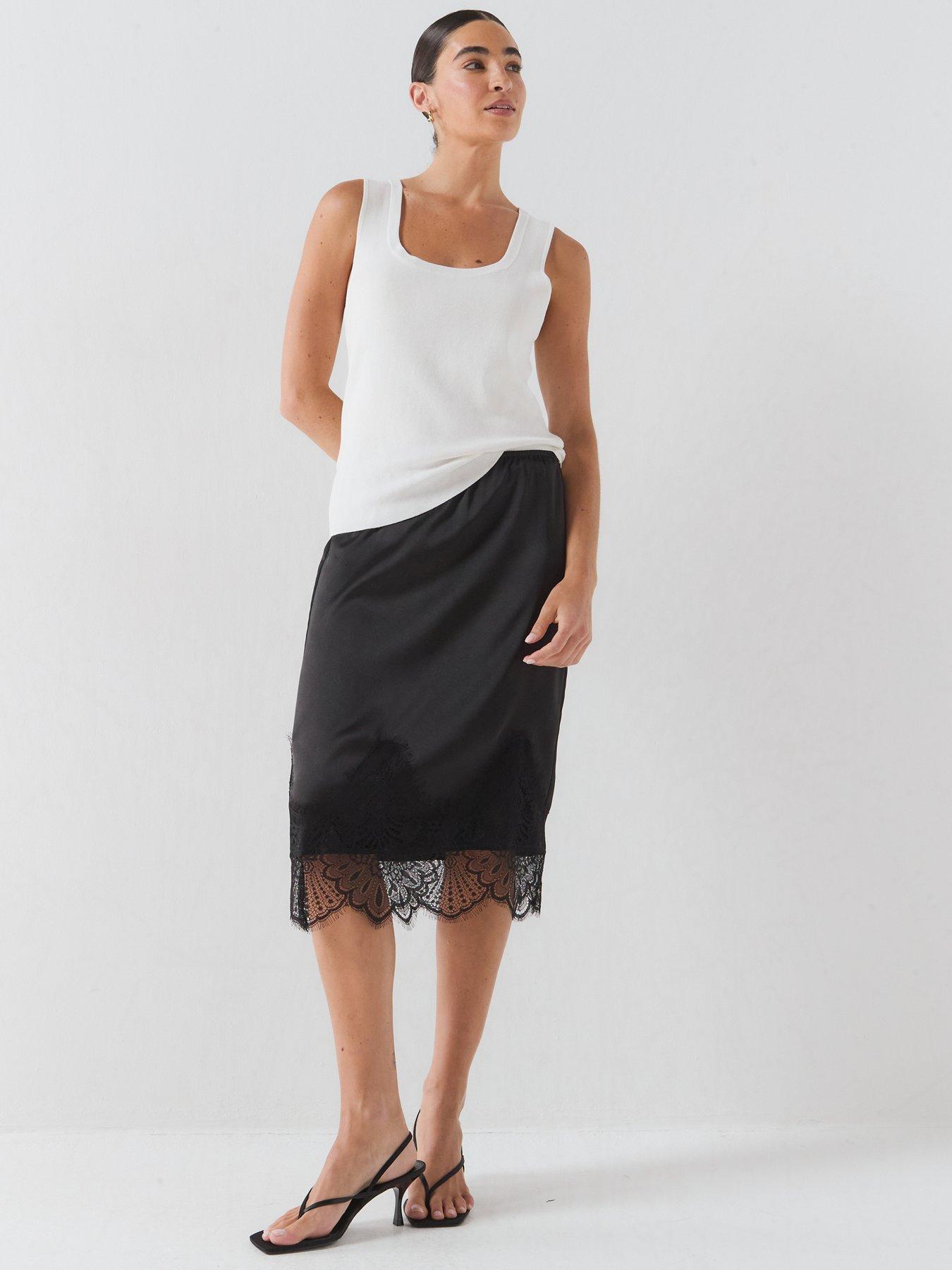 Image 4 of 6 of Only Women's Satin Midi Skirt with Lace Trim Hem - Black