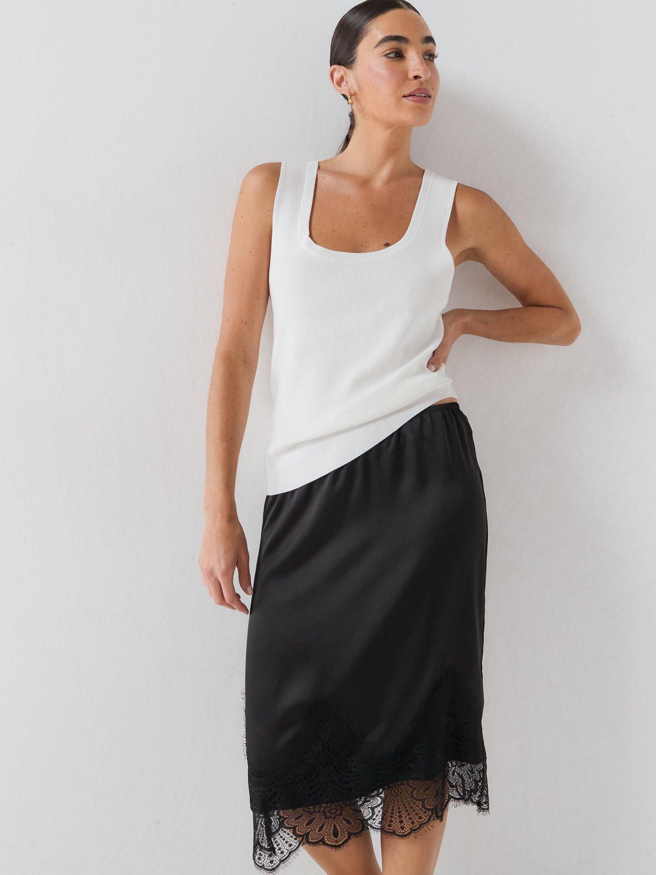 Image 5 of 6 of Only Women's Satin Midi Skirt with Lace Trim Hem - Black