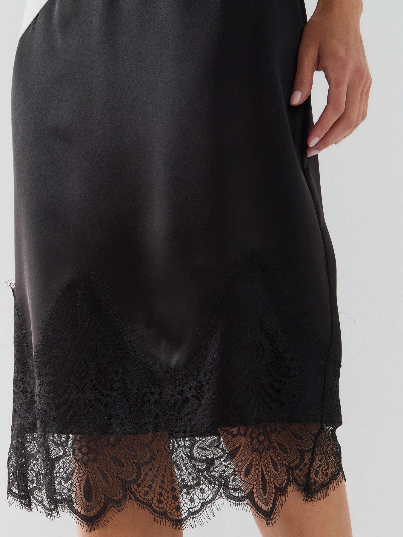 Image 6 of 6 of Only Women's Satin Midi Skirt with Lace Trim Hem - Black