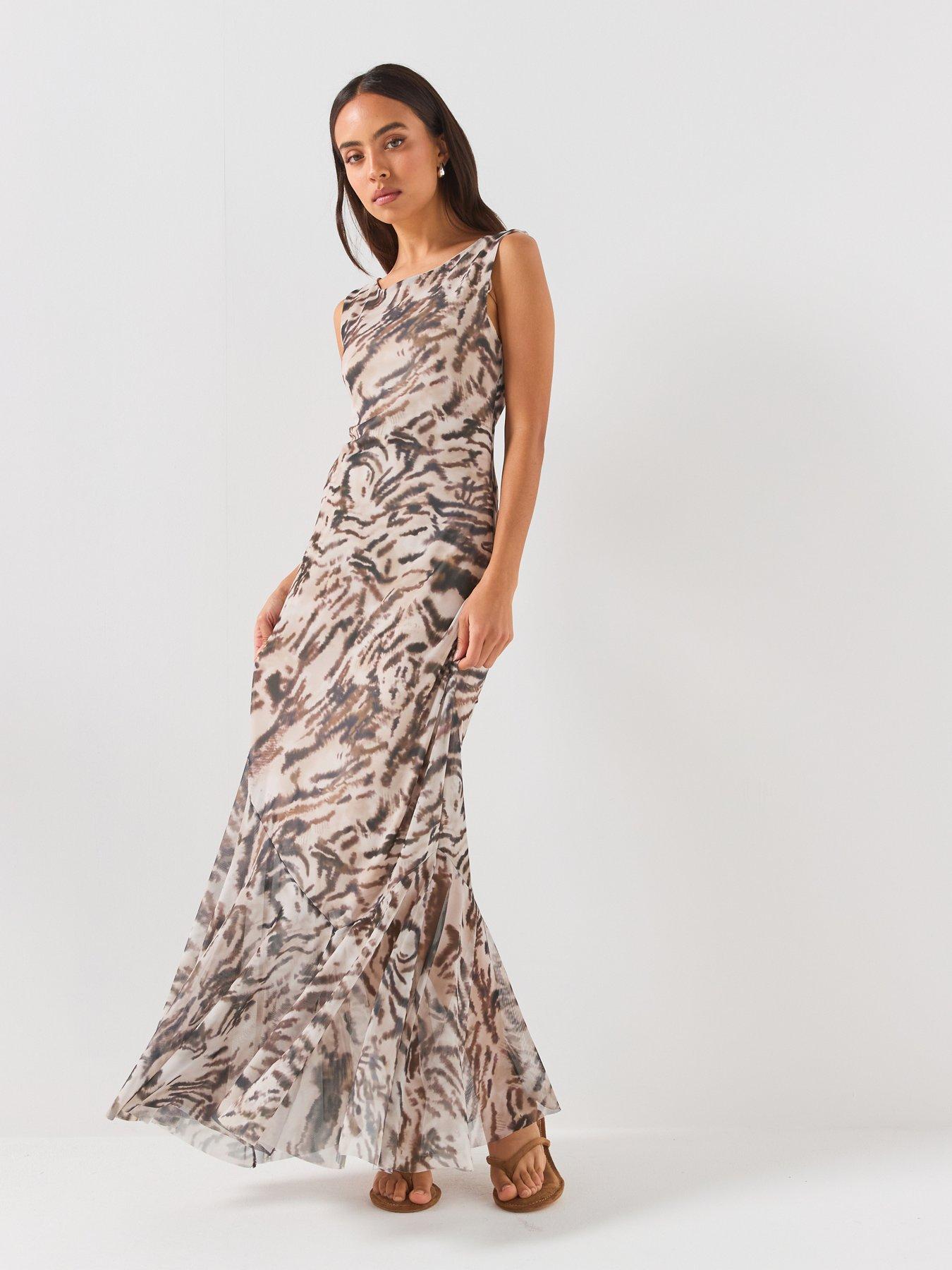 JDY Printed Cowl Neck Midi Dress with Flowing Silhouette - Beige