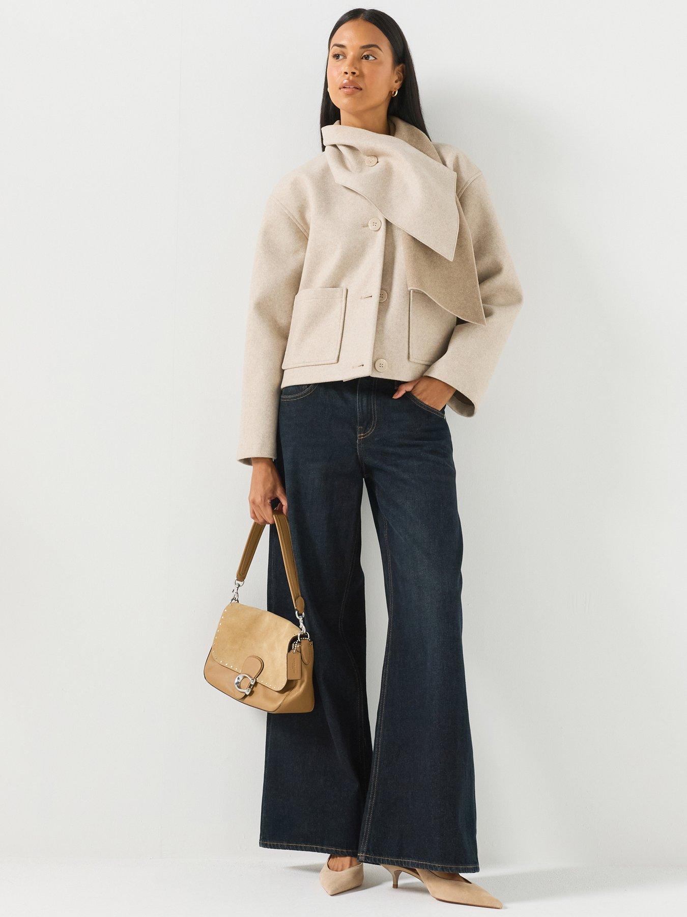 Image 1 of 6 of Only Scarf Collar Jacket with Patch Pockets - Beige