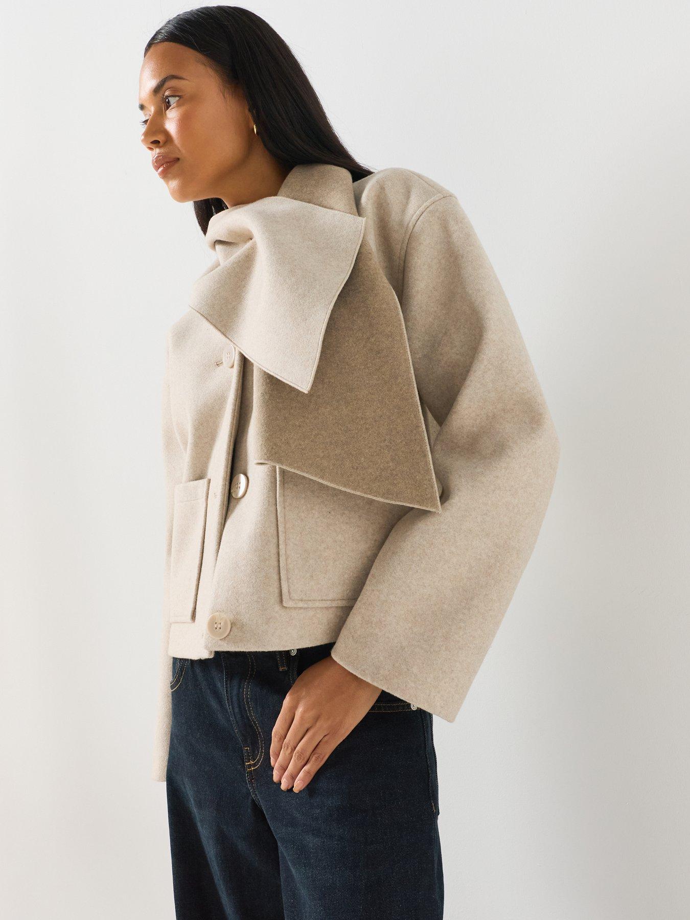 Image 5 of 6 of Only Scarf Collar Jacket with Patch Pockets - Beige