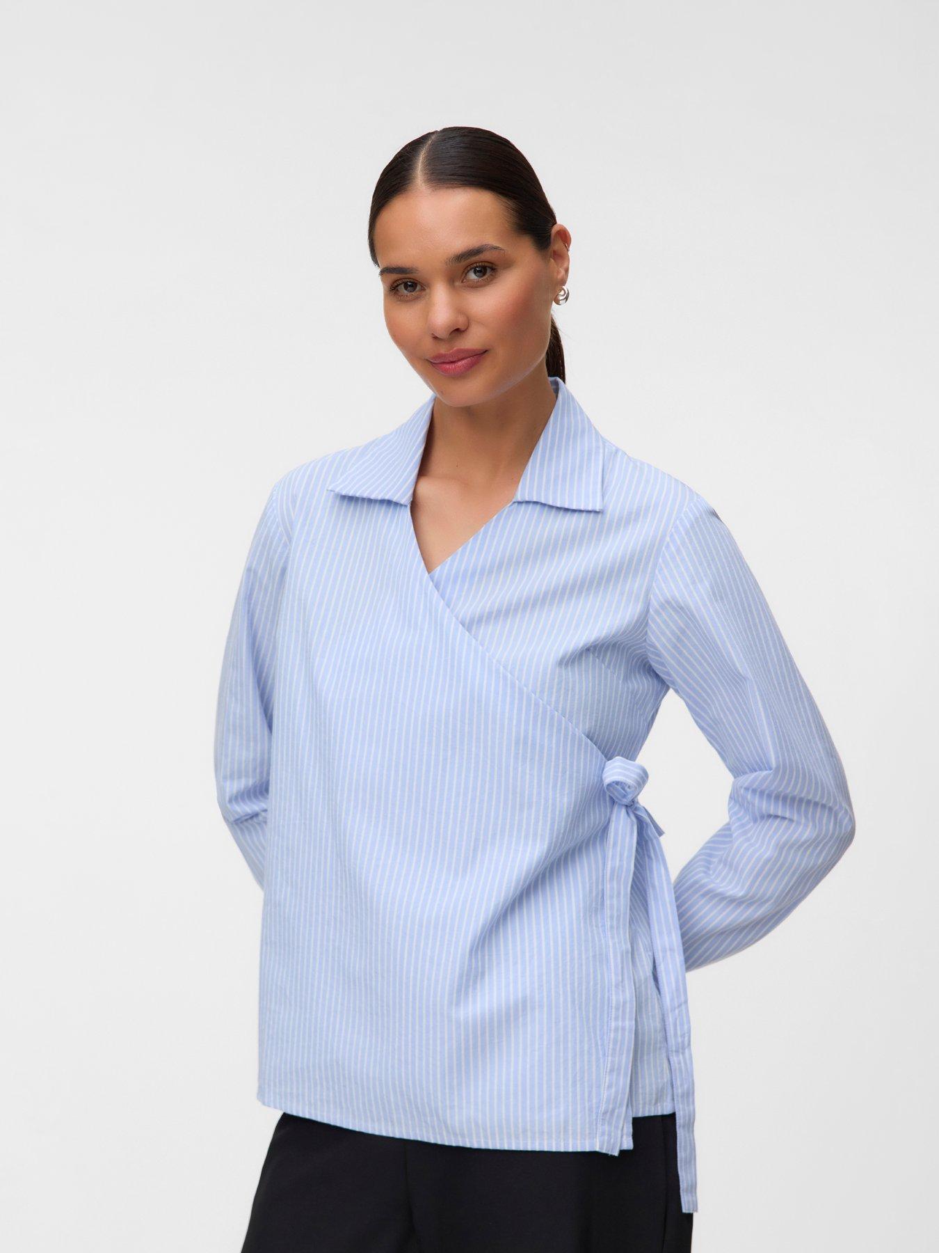 Mamalicious Women's Maternity Stripe Wrap Tie Blouse - Blue