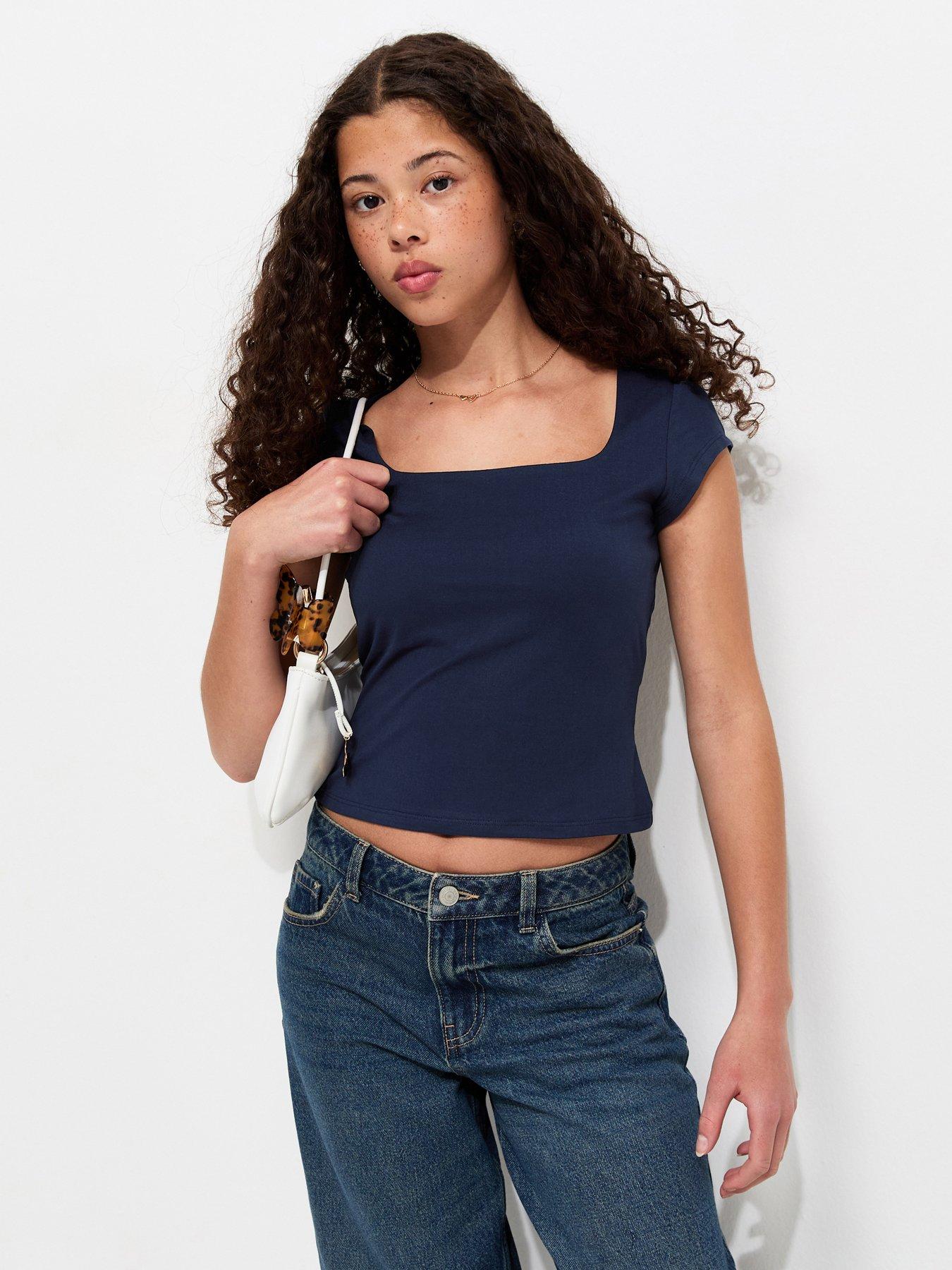 New Look 915 Girls Square Neck Cap Sleeve T-Shirt - Navy