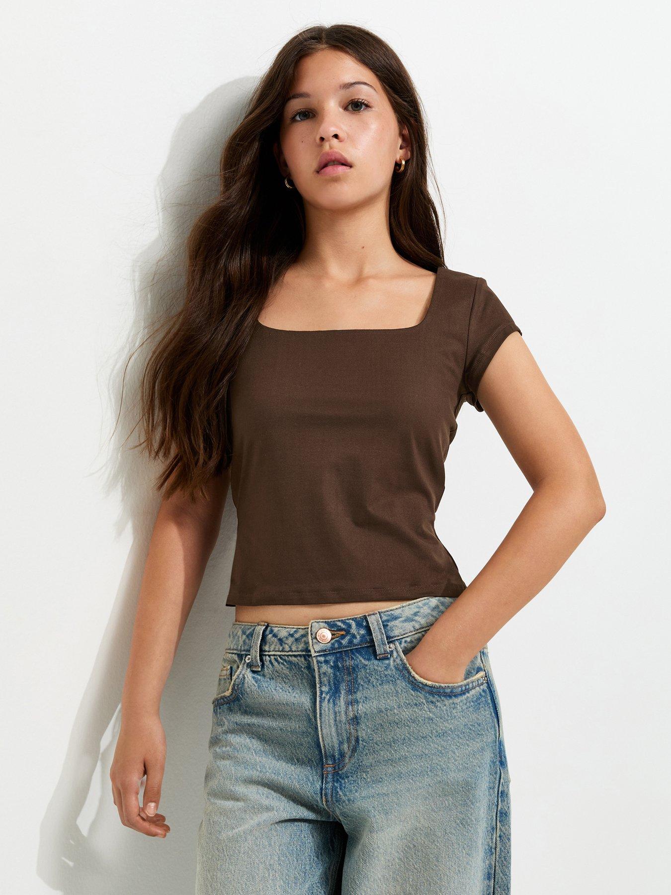 New Look 915 Girls Square Neck Cap Sleeve T-Shirt - Brown