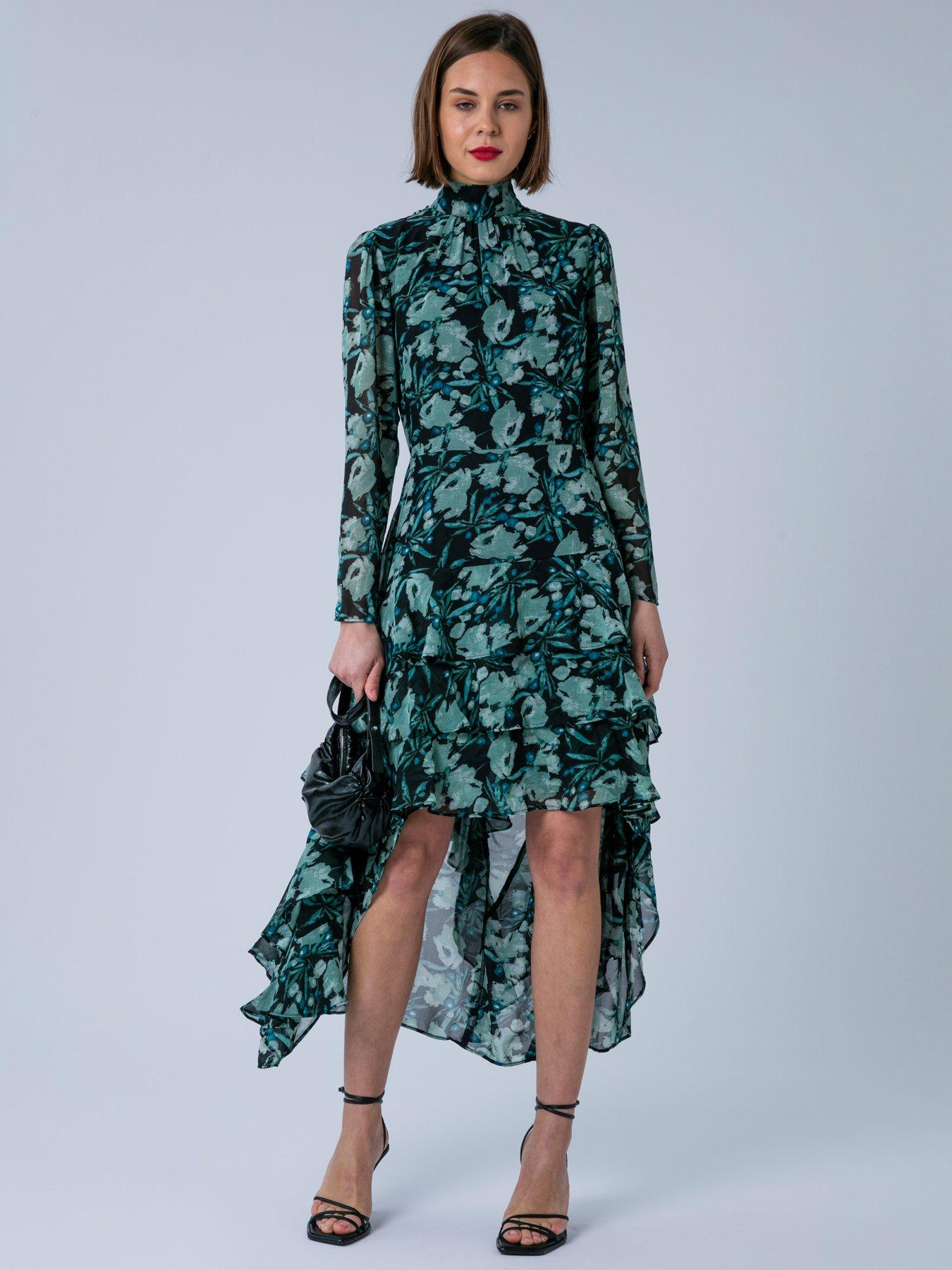 Religion Cressida Hi Low Occasion Maxi Dress in green Floral Print and Ruffles