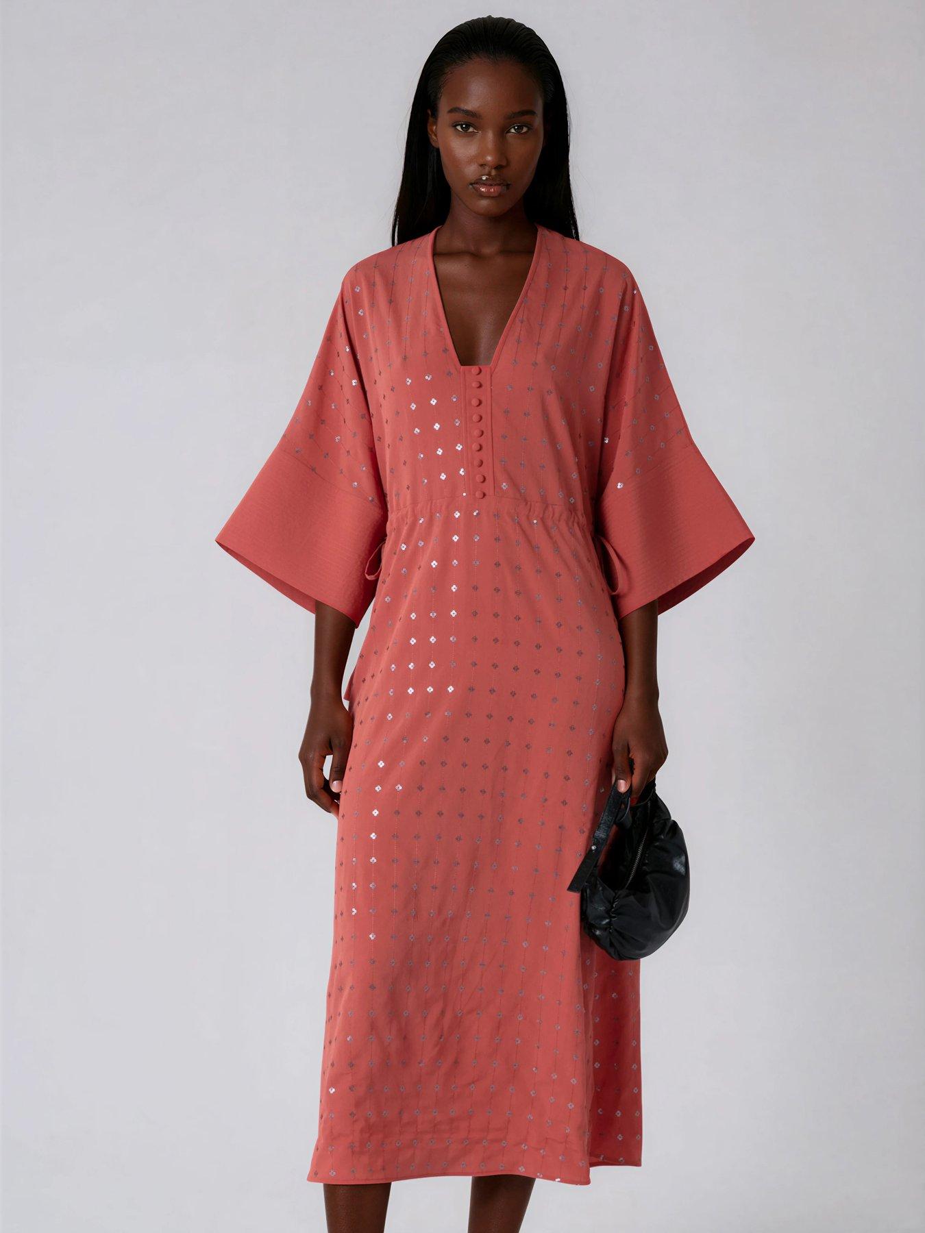 Image 1 of 7 of Religion Long Line Coral Helena Kaftan Beach Cover Up Dress - Orange