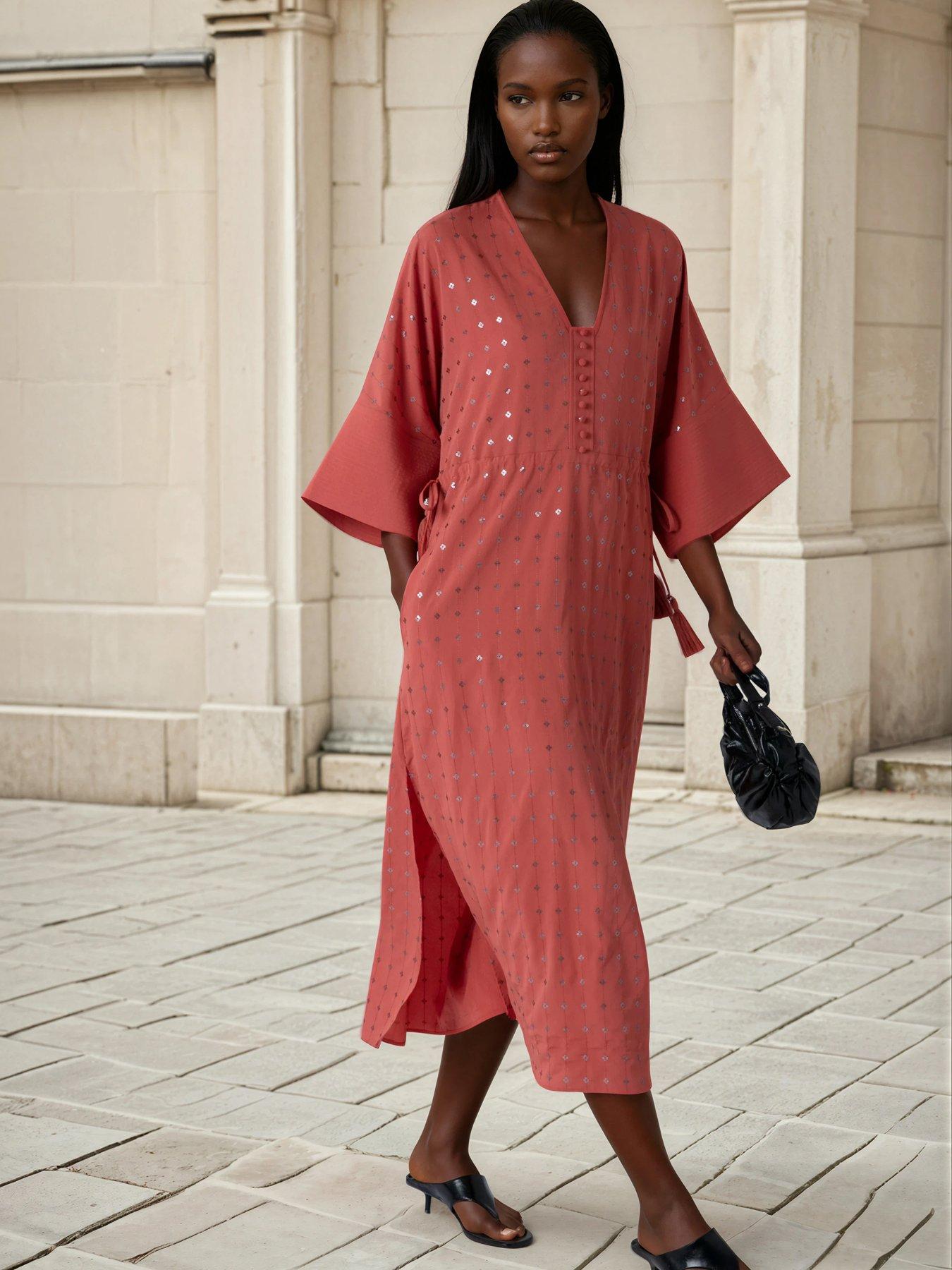 Image 3 of 7 of Religion Long Line Coral Helena Kaftan Beach Cover Up Dress - Orange