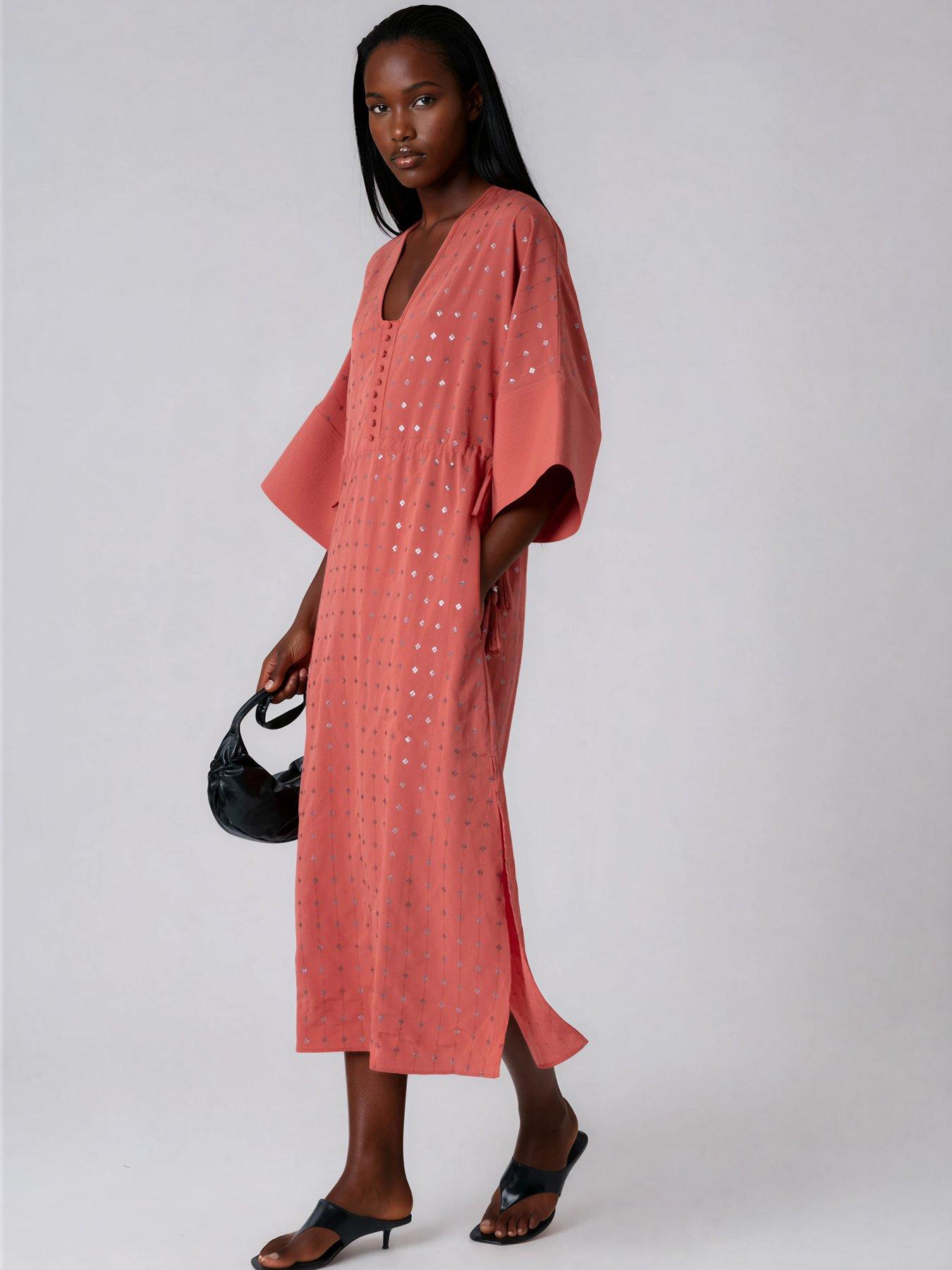 Image 4 of 7 of Religion Long Line Coral Helena Kaftan Beach Cover Up Dress - Orange