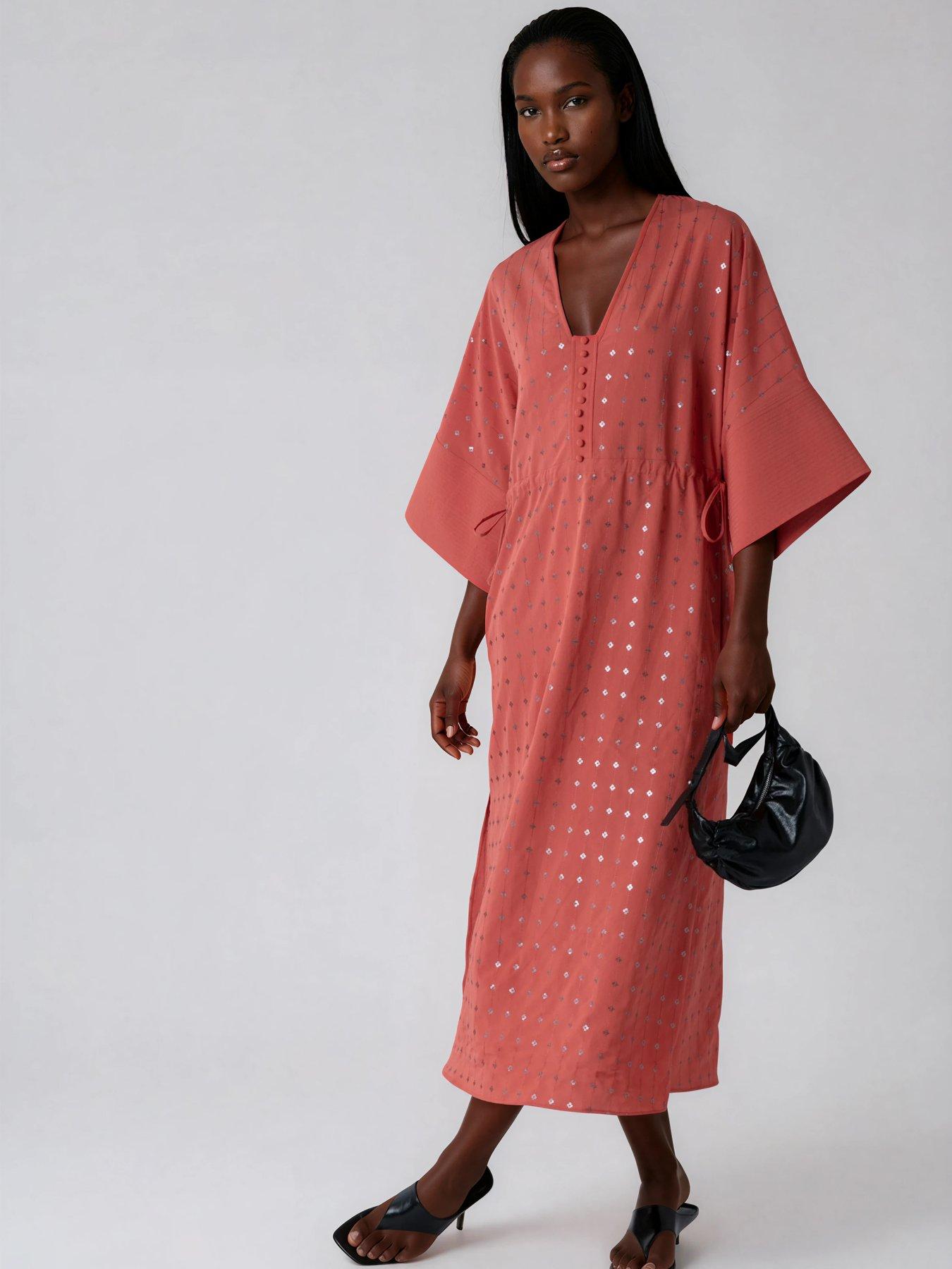 Image 5 of 7 of Religion Long Line Coral Helena Kaftan Beach Cover Up Dress - Orange