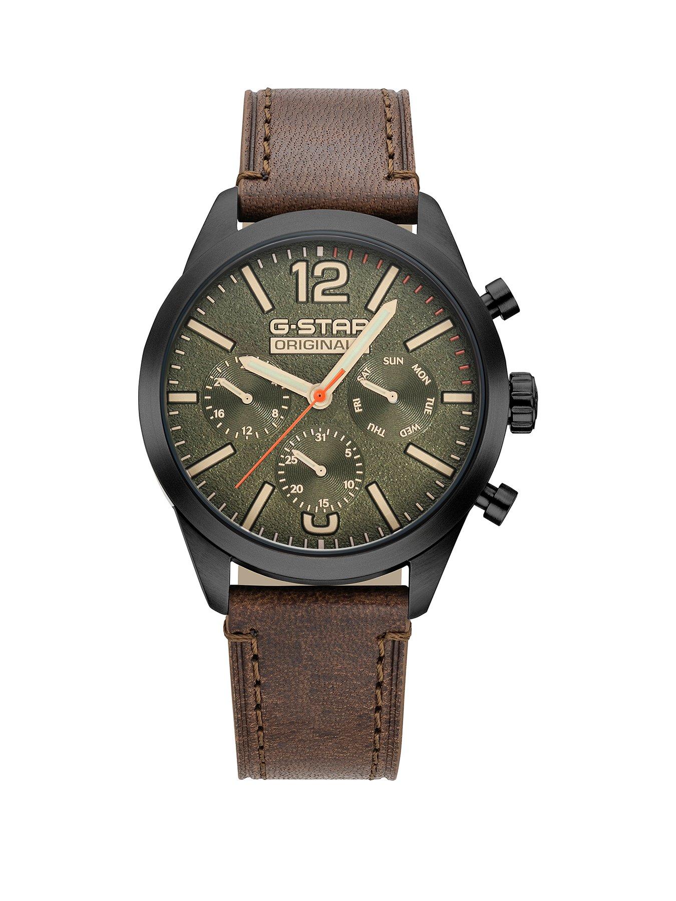 G-STAR Originals Stainless Steel Case, multifunction Leather Strap Watch