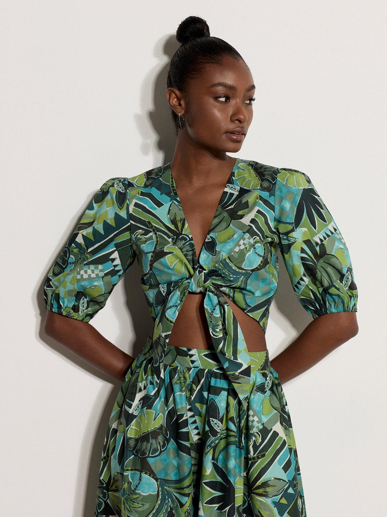 Apricot Tropical Circus Tie Front Co Ord Top - Blue