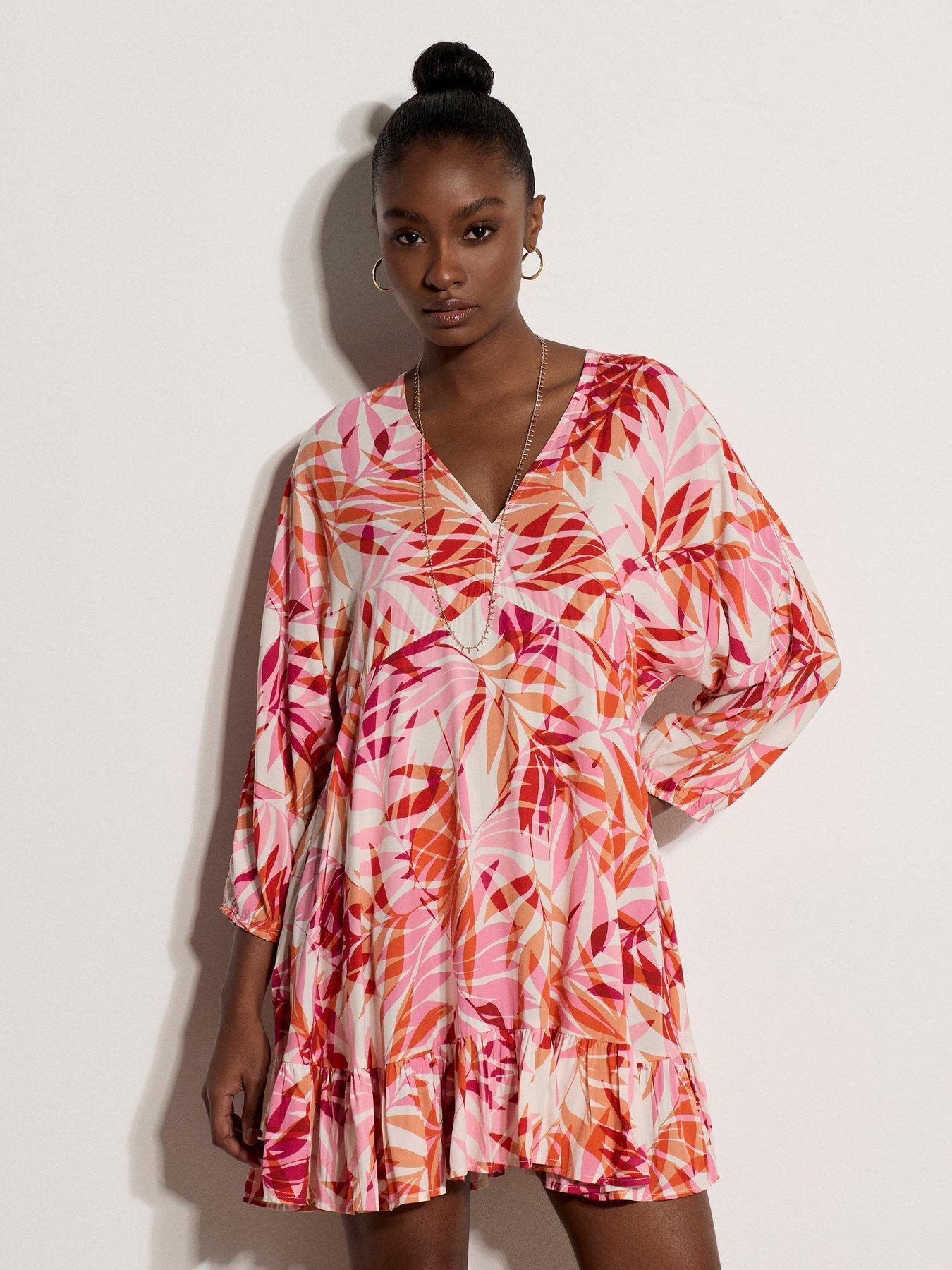 Apricot Palm Print Batwing Sleeve Mini Dress - Pink