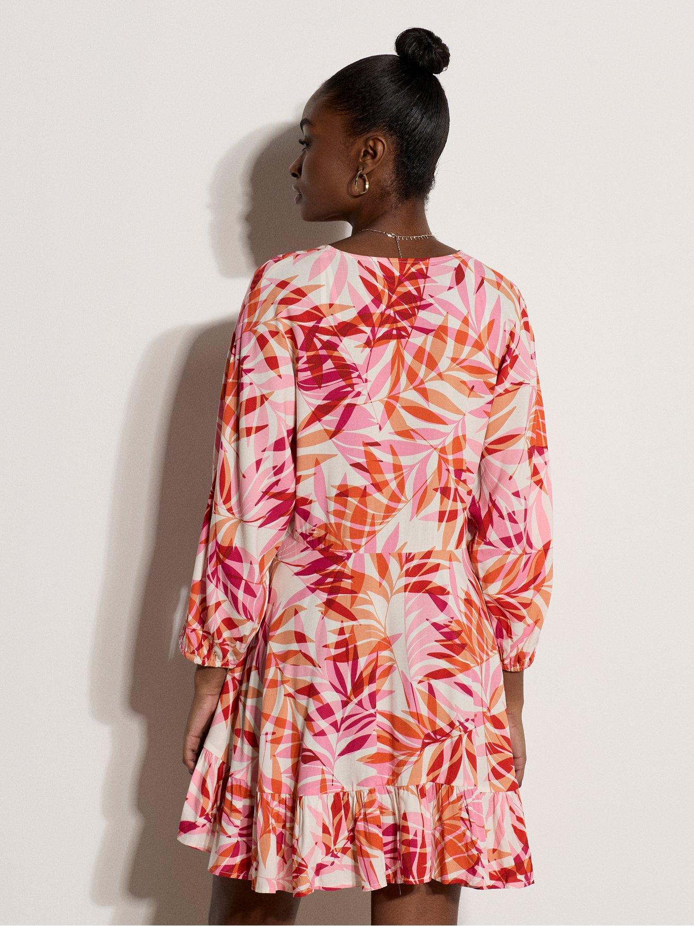 Image 2 of 4 of Apricot Palm Print Batwing Sleeve Mini Dress - Pink