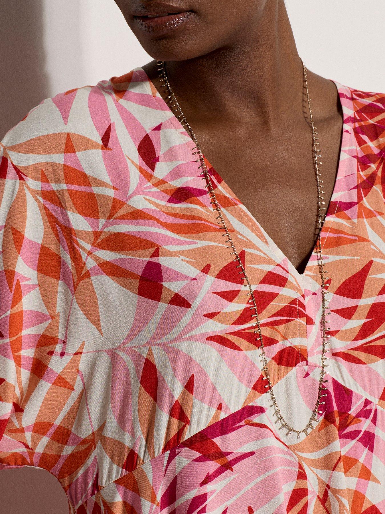 Image 4 of 4 of Apricot Palm Print Batwing Sleeve Mini Dress - Pink