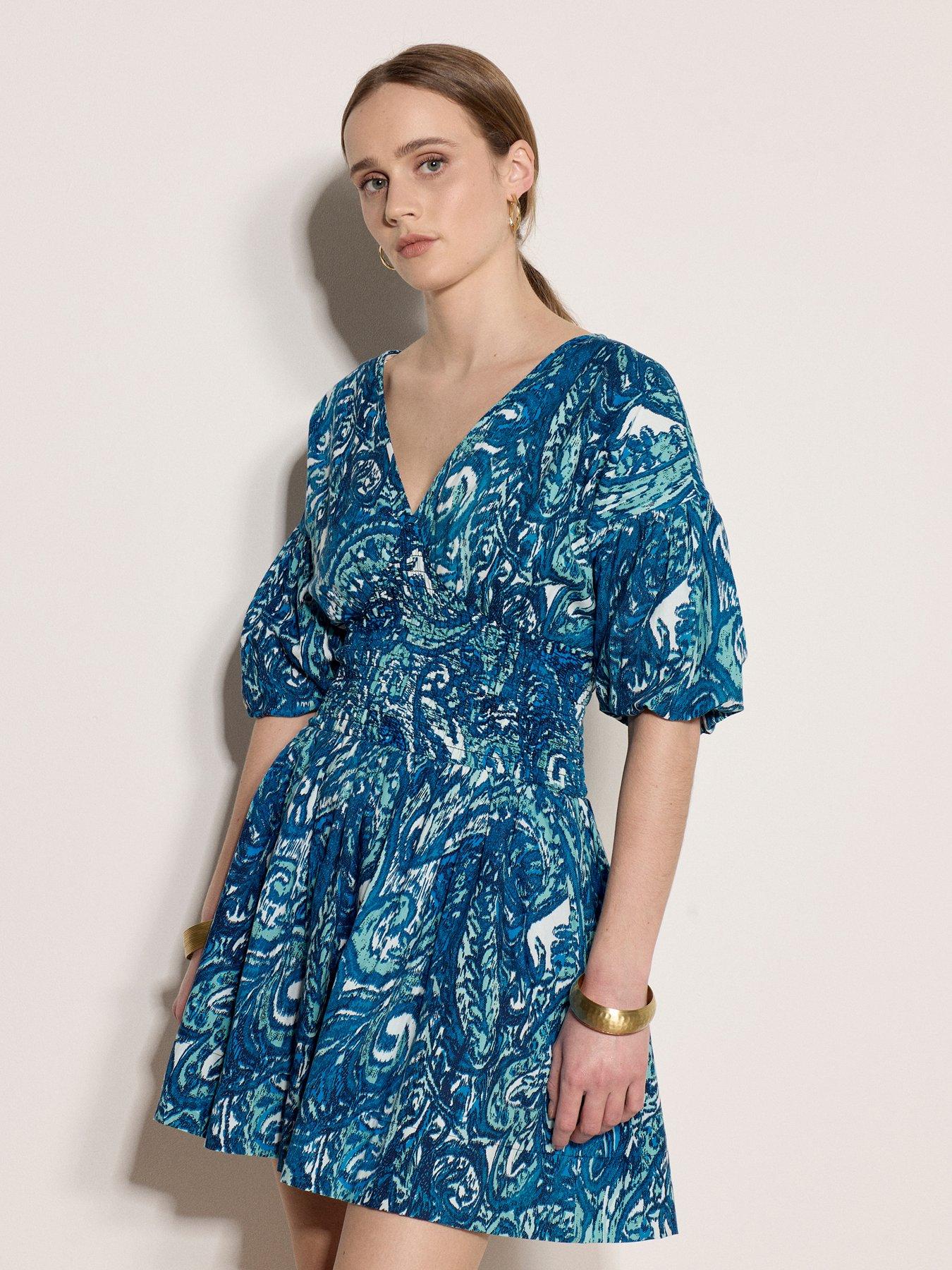 Apricot Paisley Smocked Waist Bubble Sleeve Dress - Blue