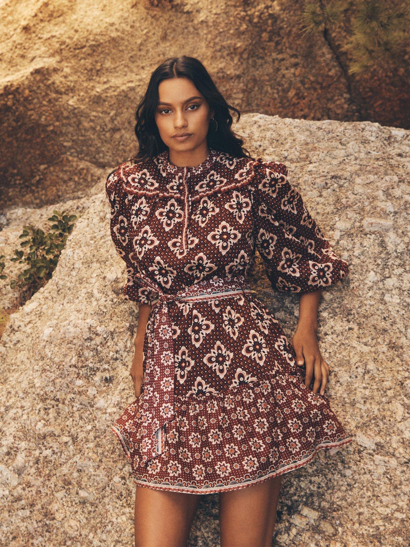 Apricot Tile Print Border Mini Dress - Burgundy