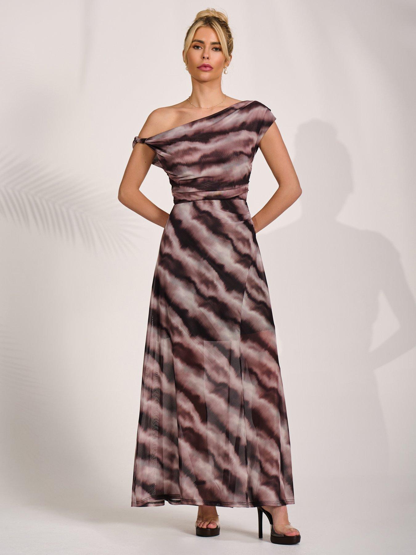 Image 1 of 7 of Jolie Moi Mesh Asymmetrical Off Shoulder Maxi Dress - Black