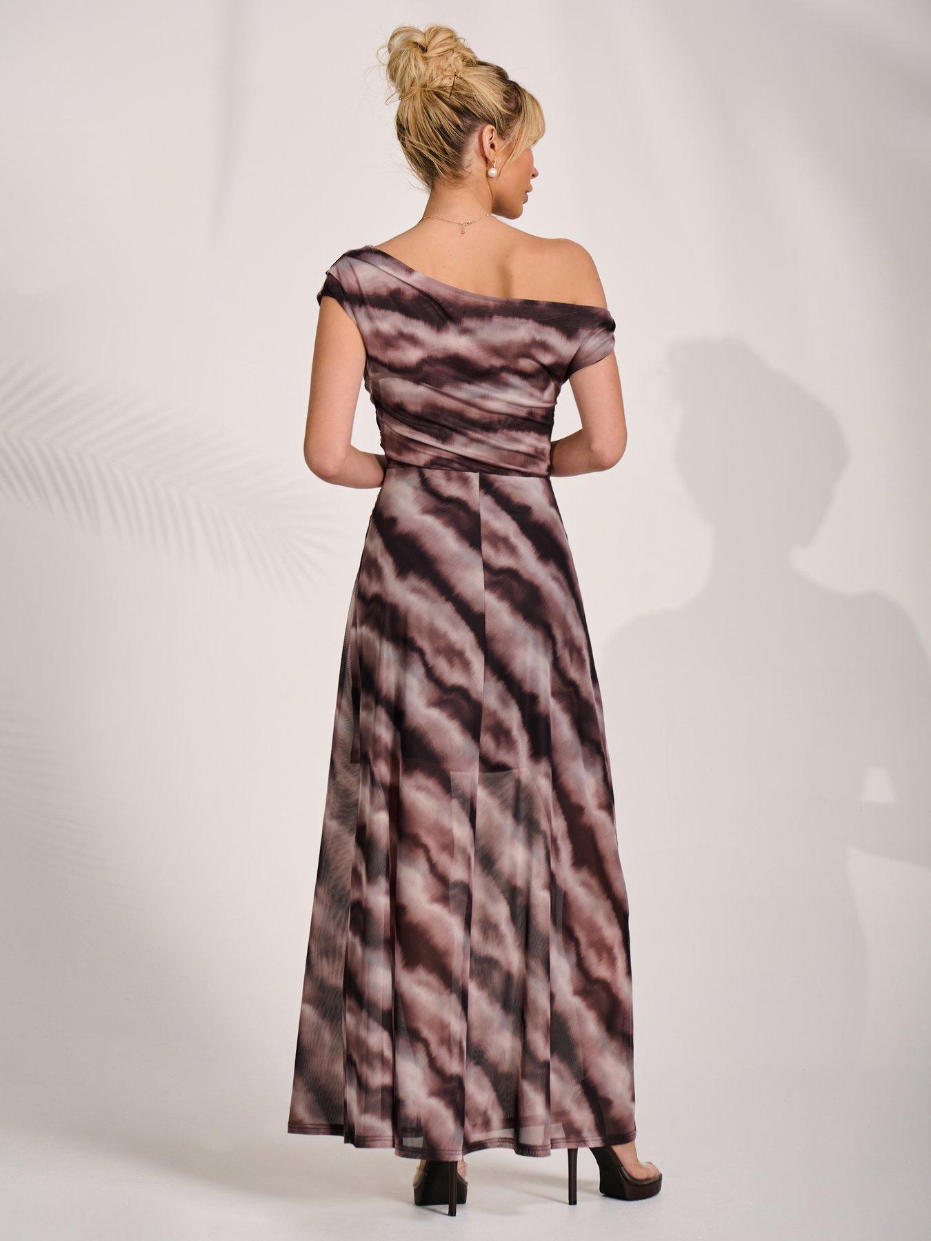 Image 2 of 7 of Jolie Moi Mesh Asymmetrical Off Shoulder Maxi Dress - Black