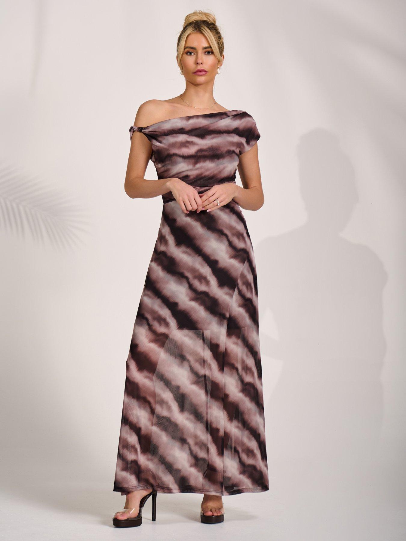 Image 3 of 7 of Jolie Moi Mesh Asymmetrical Off Shoulder Maxi Dress - Black