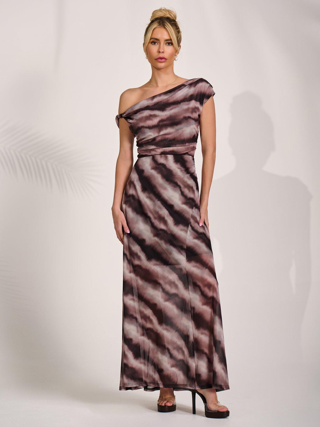 Image 5 of 7 of Jolie Moi Mesh Asymmetrical Off Shoulder Maxi Dress - Black