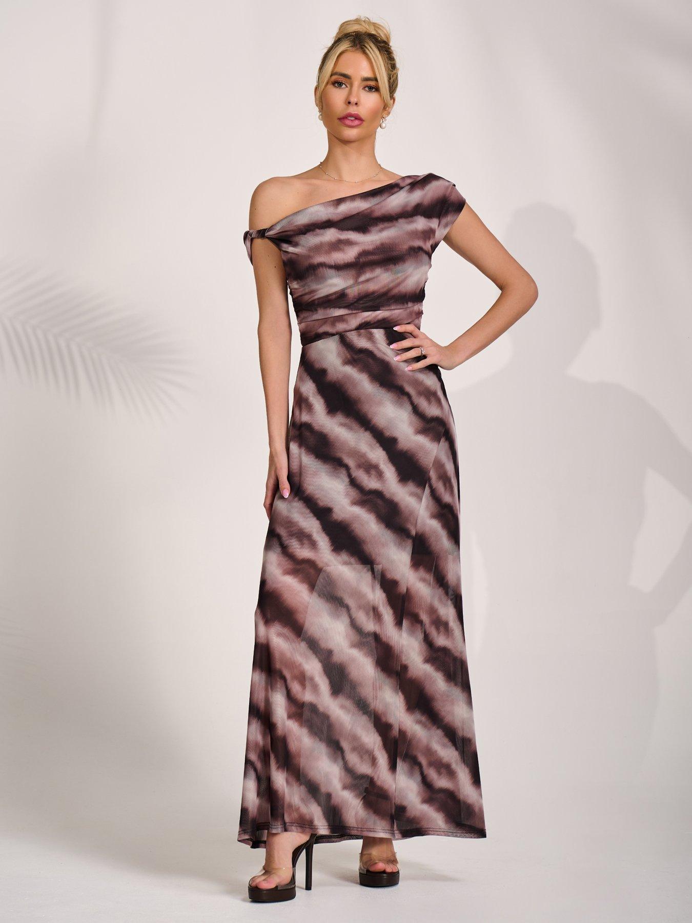 Image 6 of 7 of Jolie Moi Mesh Asymmetrical Off Shoulder Maxi Dress - Black
