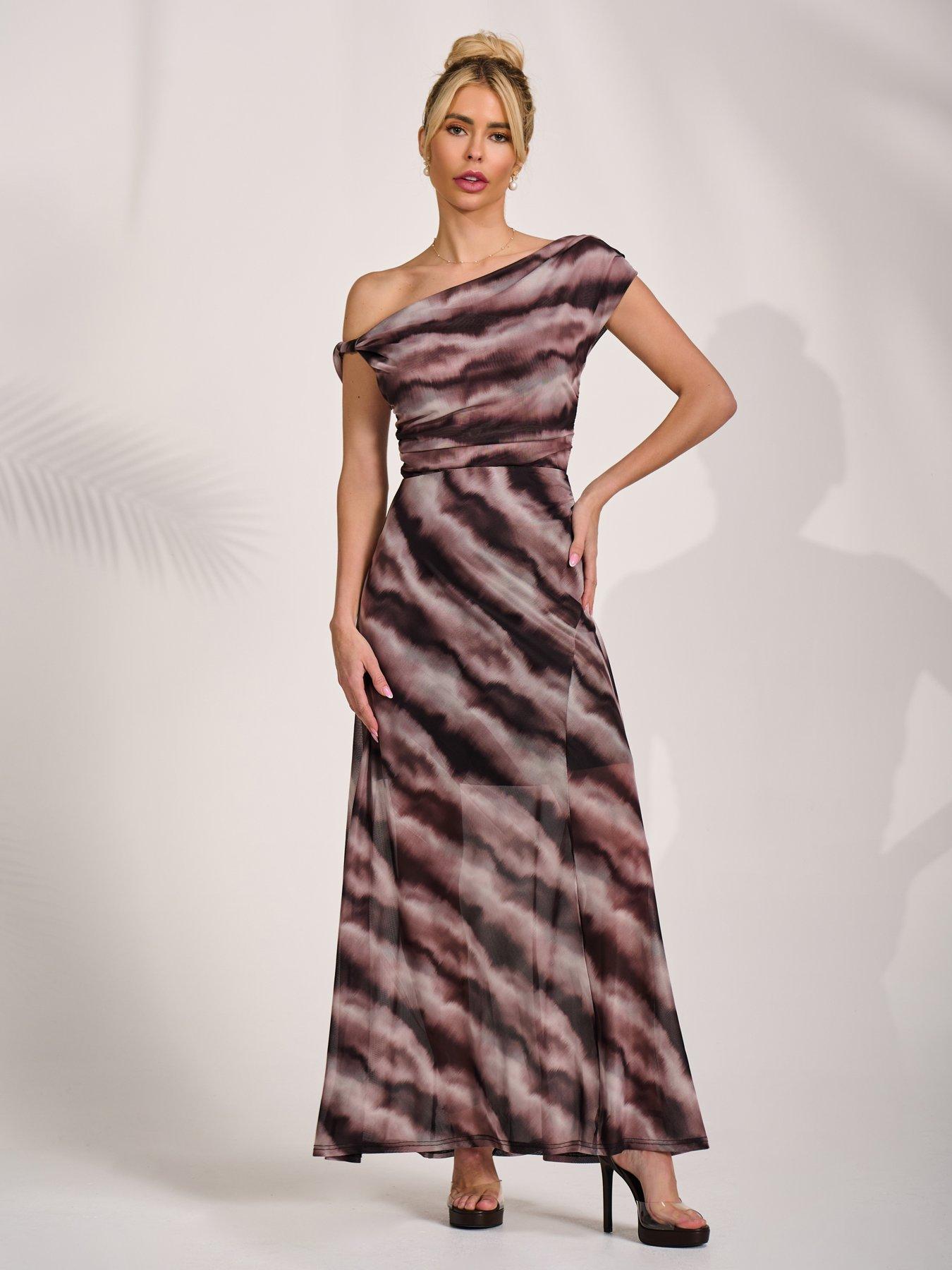 Image 7 of 7 of Jolie Moi Mesh Asymmetrical Off Shoulder Maxi Dress - Black