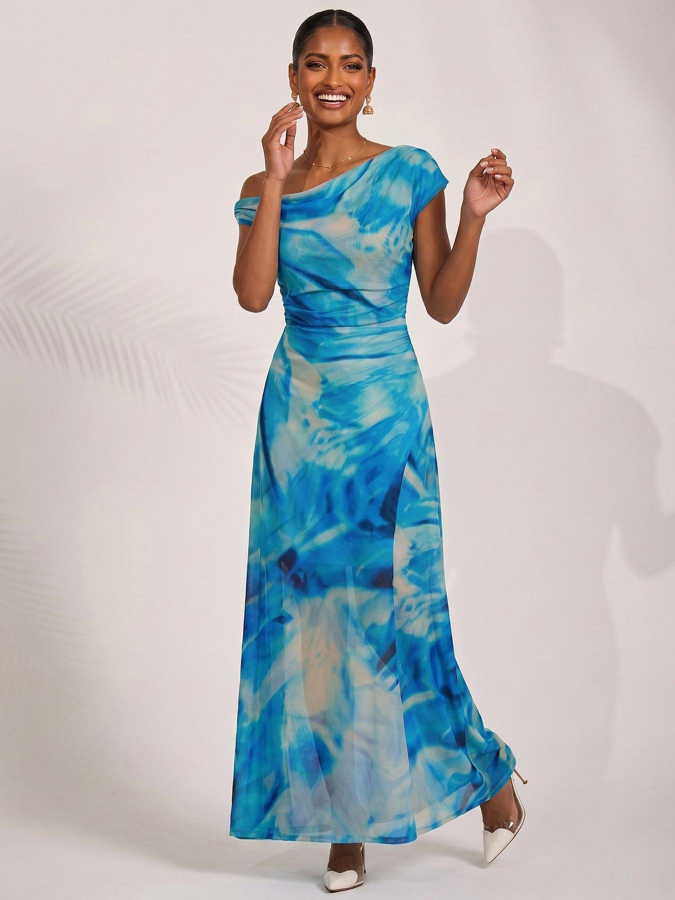Jolie Moi Mesh Asymmetrical Off Shoulder Maxi Dress - Blue