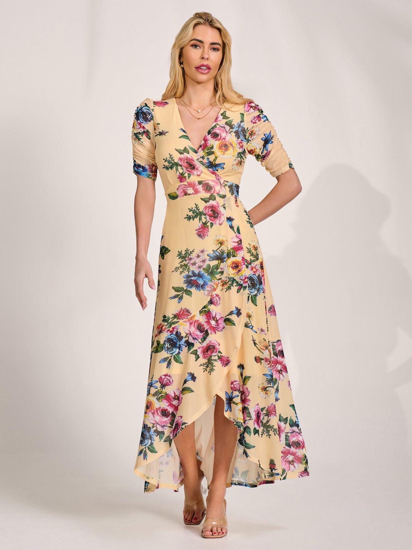 Jolie Moi Ruched Sleeve Mesh Maxi Dress - Yellow