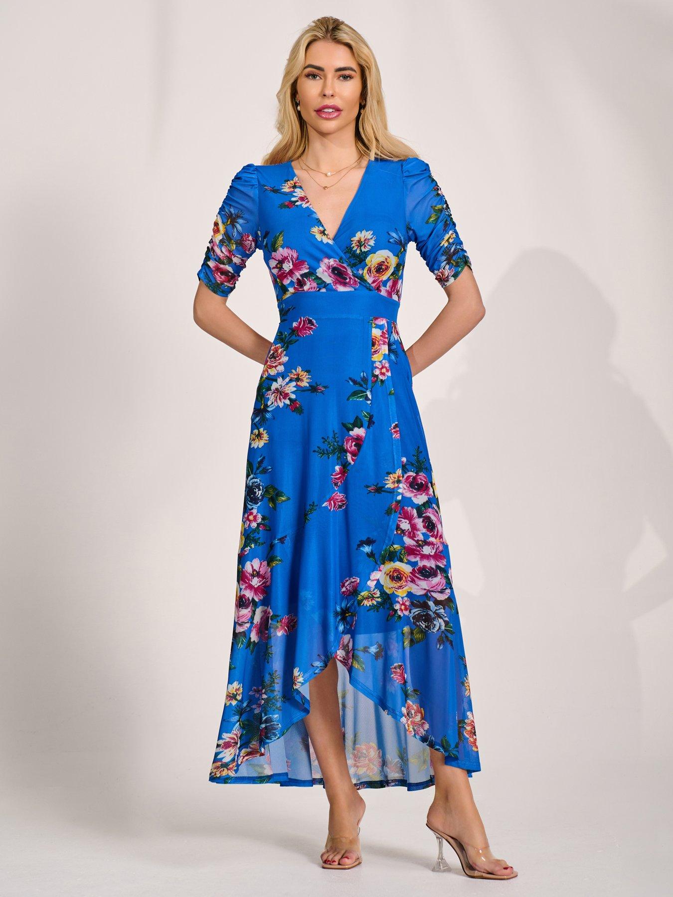 Jolie Moi Ruched Sleeve Mesh Maxi Dress - Navy