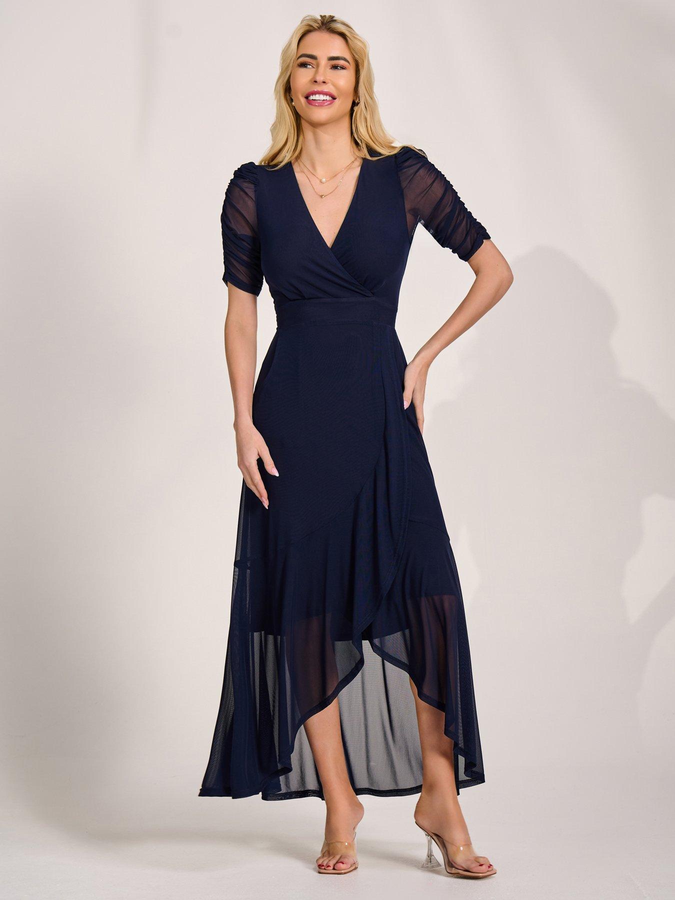 Jolie Moi Ruched Sleeve Mesh Maxi Dress - Navy