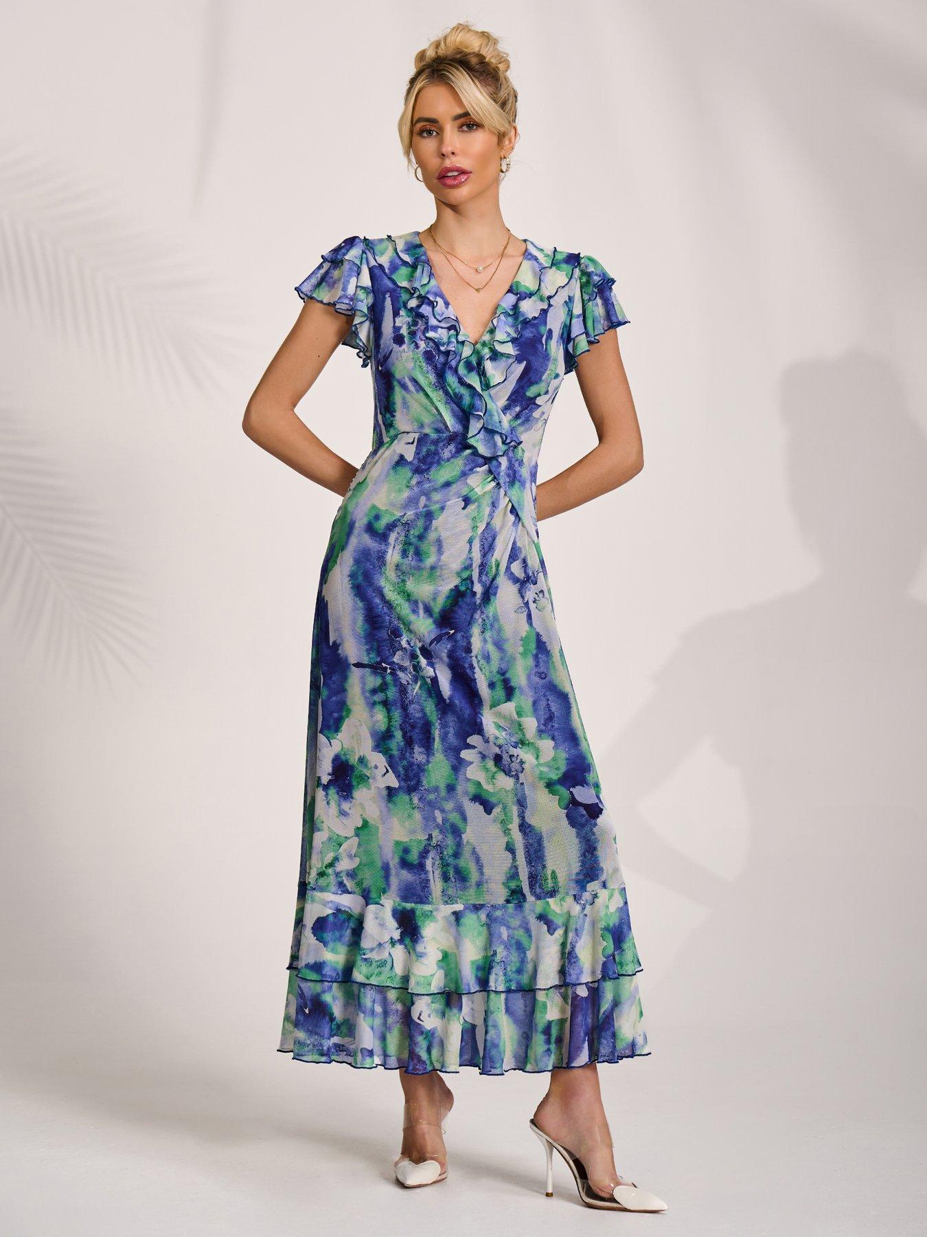 Jolie Moi Ruffle V Neck Mesh Maxi Dress - Blue