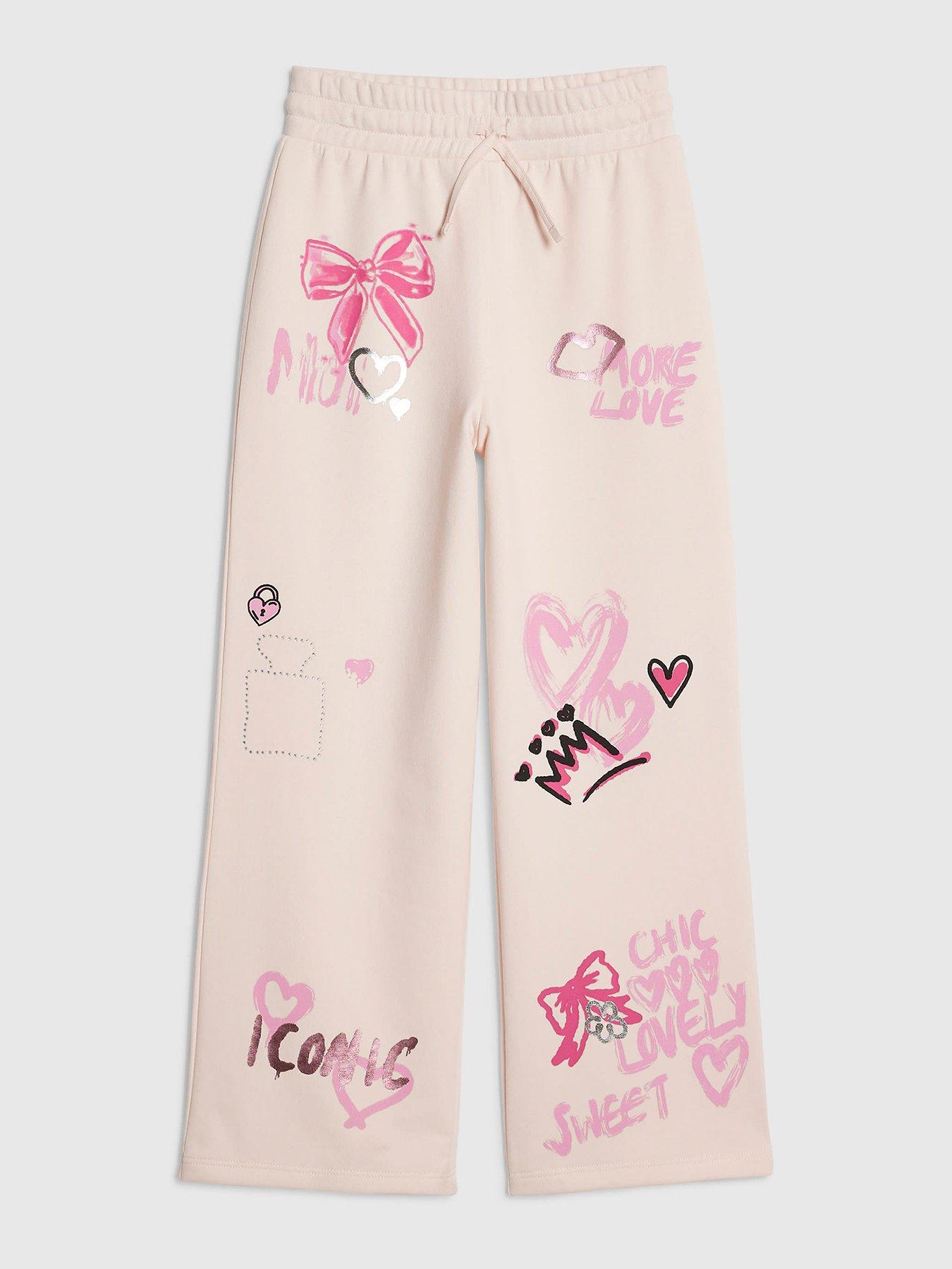 Image 1 of 4 of River Island Older Girls Graffiti Icon Wide Leg Joggers - Cream