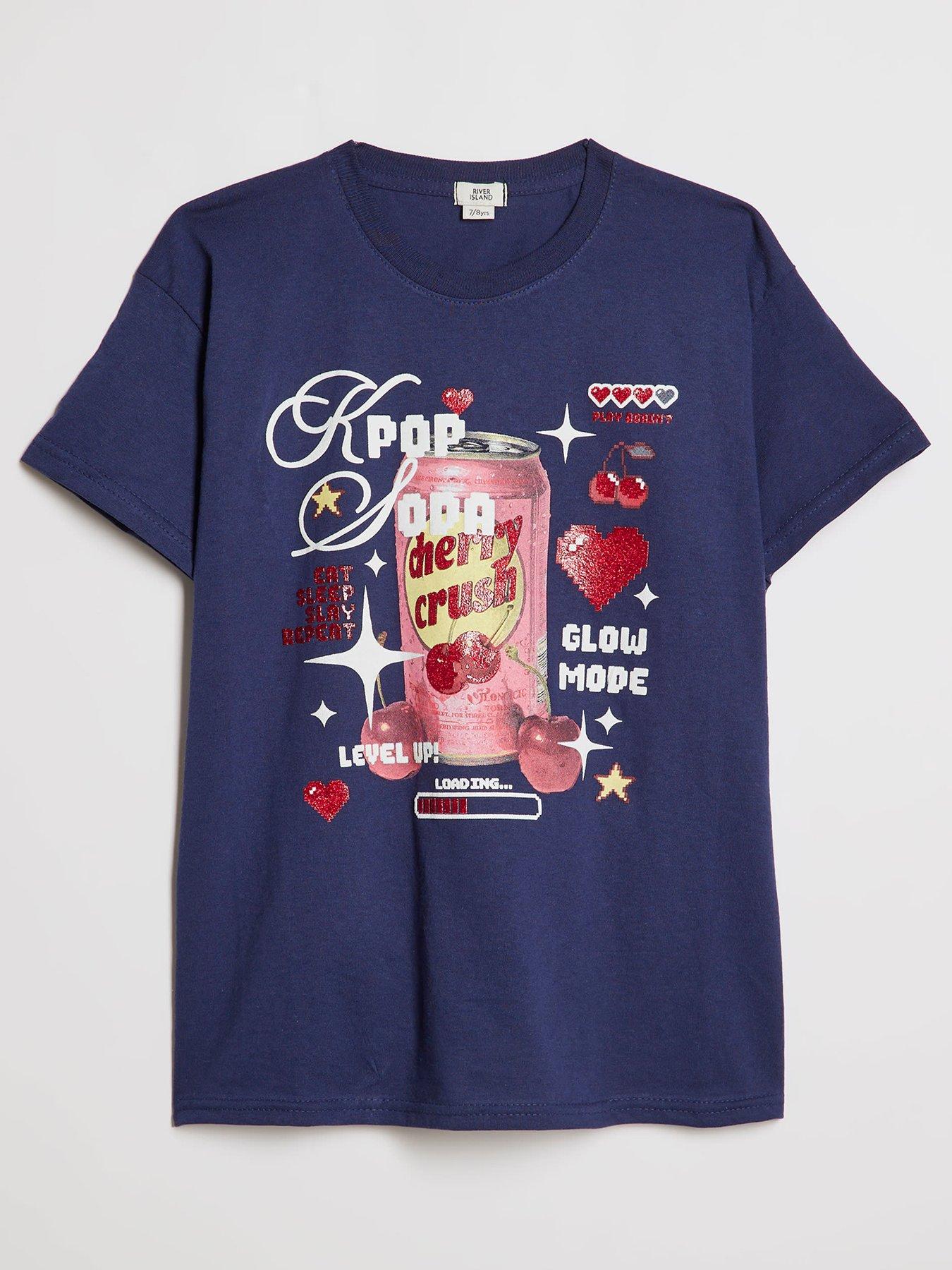 River Island Older Girls Kpop Cherry Soda T-Shirt - Navy