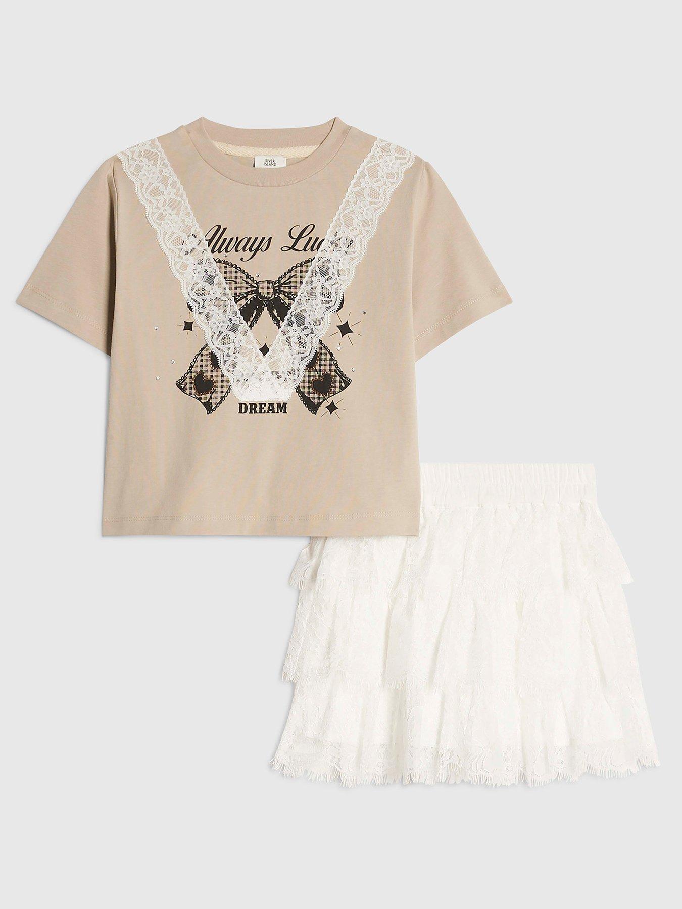 River Island Older Girls Lace T-Shirt And Ruffle Skirt Set - Cream