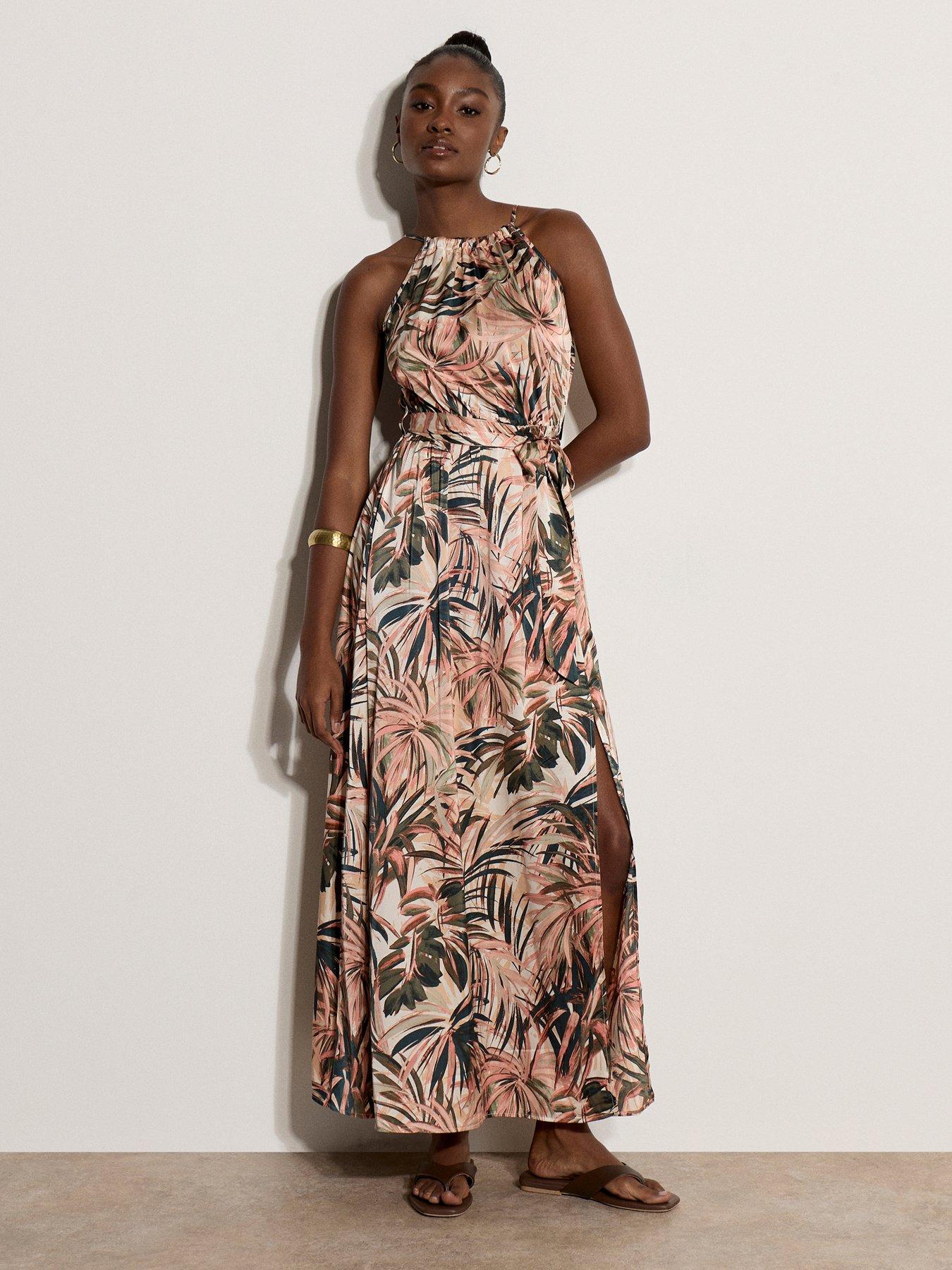 Apricot Tropical Print Halter Maxi Dress - Stone