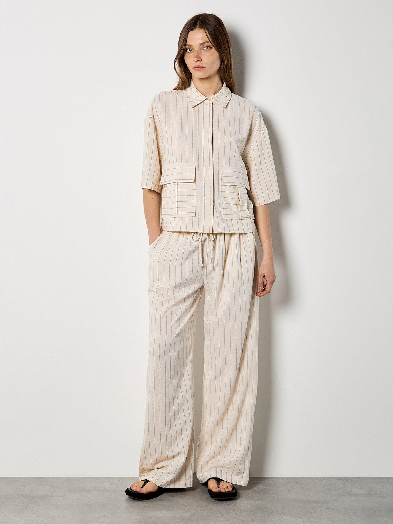 Apricot Elastic Waist Pinstripe Linen Mix Co Ord Trouser - Cream