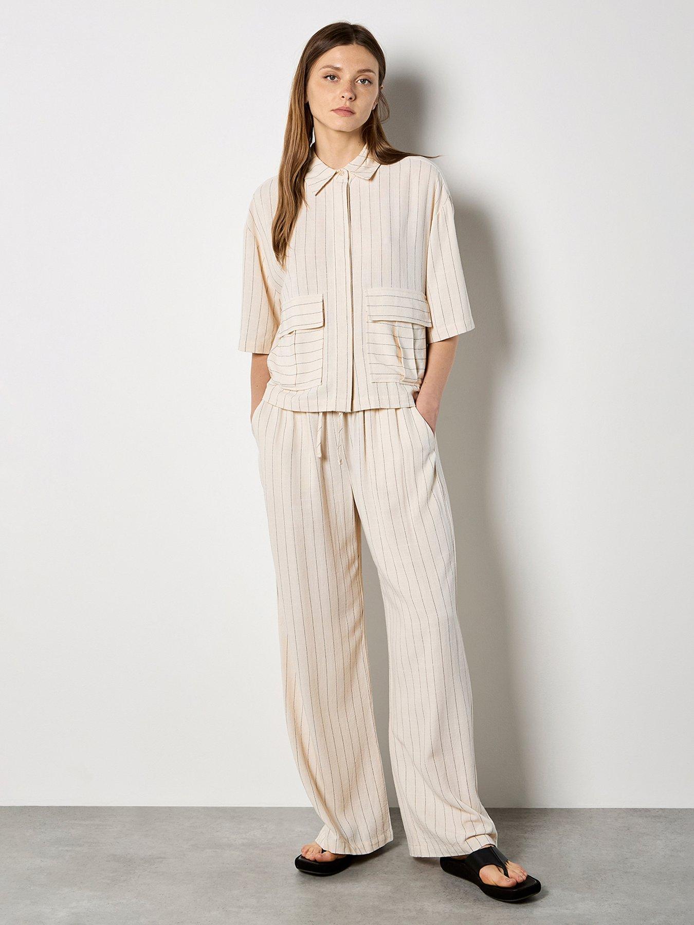 Apricot Pinstripe Linen Mix Short Sleeve Utility Co Ord Shirt - Cream