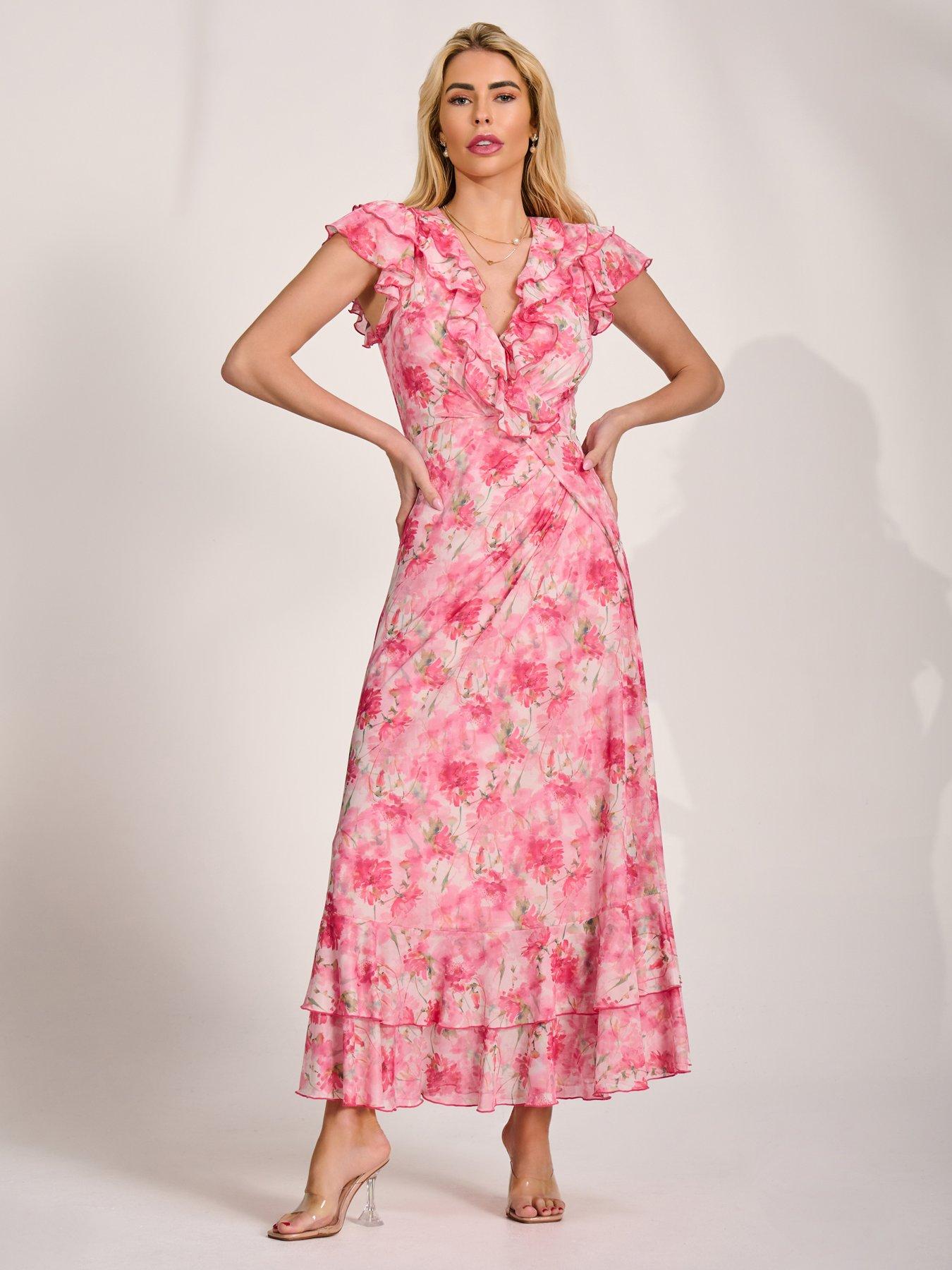 Jolie Moi Ruffle V Neck Mesh Maxi Dress - Pink