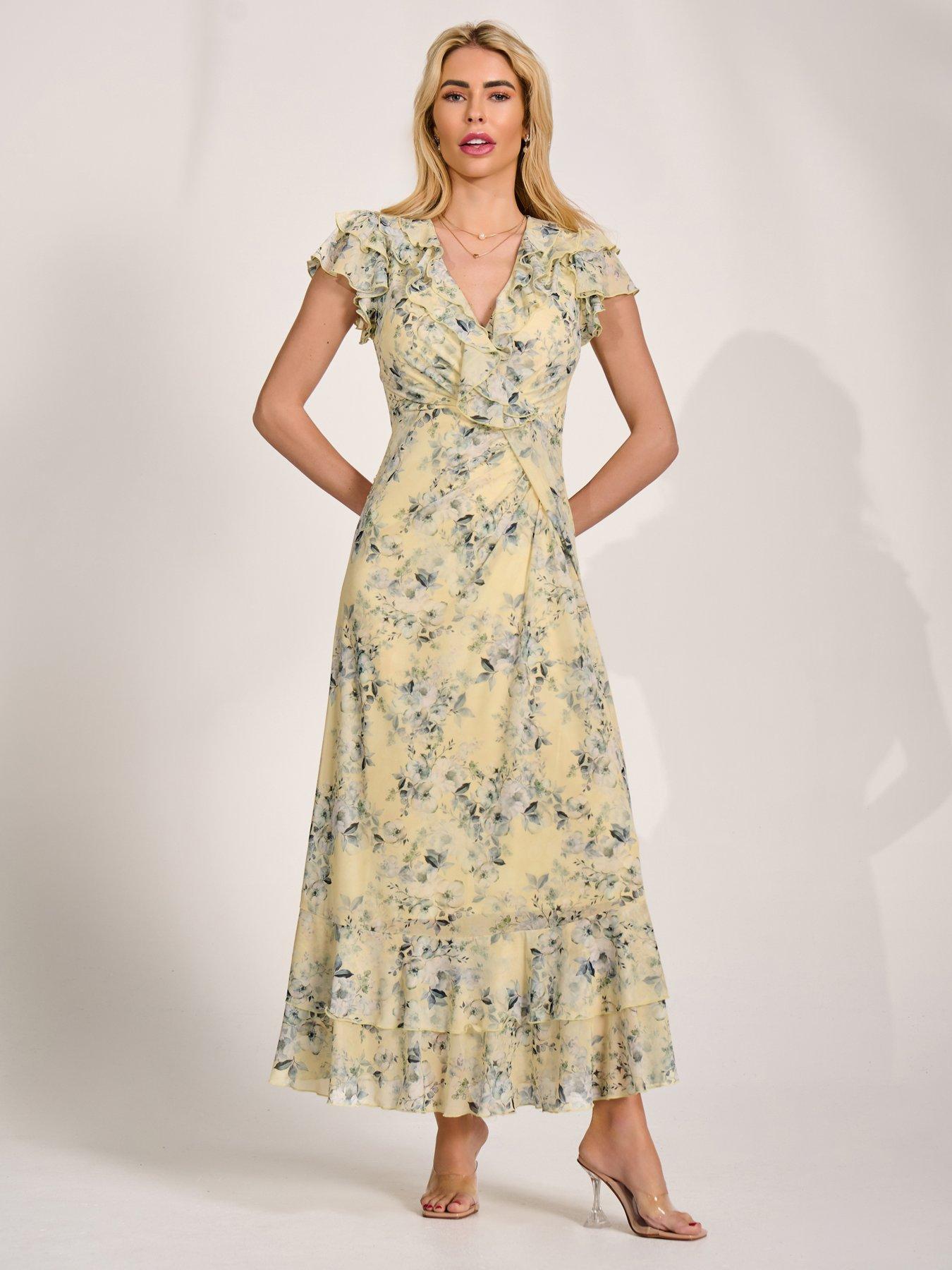 Jolie Moi Ruffle V Neck Mesh Maxi Dress - Yellow