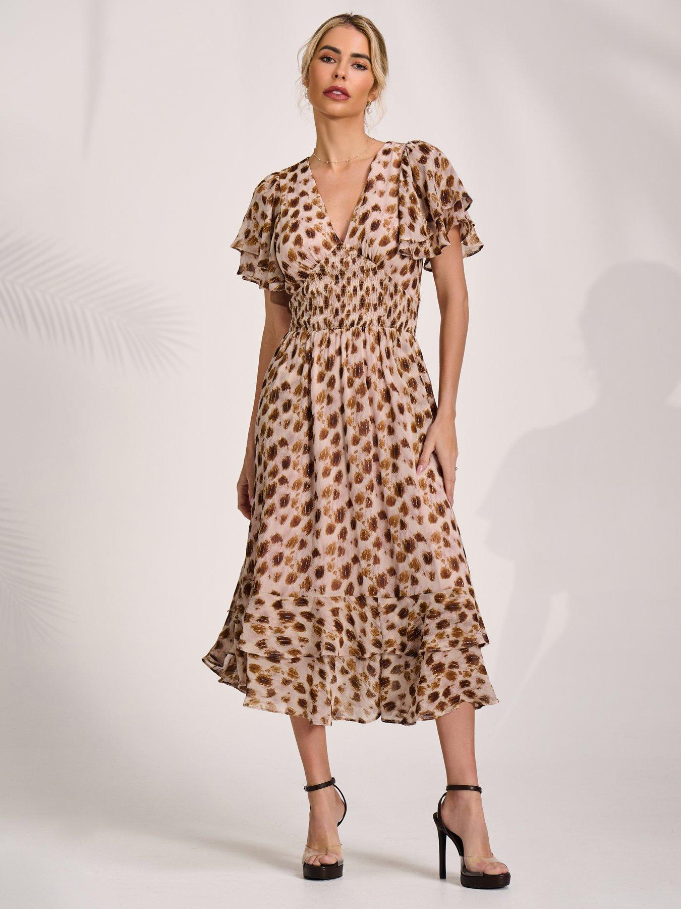 Image 1 of 7 of Jolie Moi Angel Sleeve Draped Mesh Midi Dress - Brown