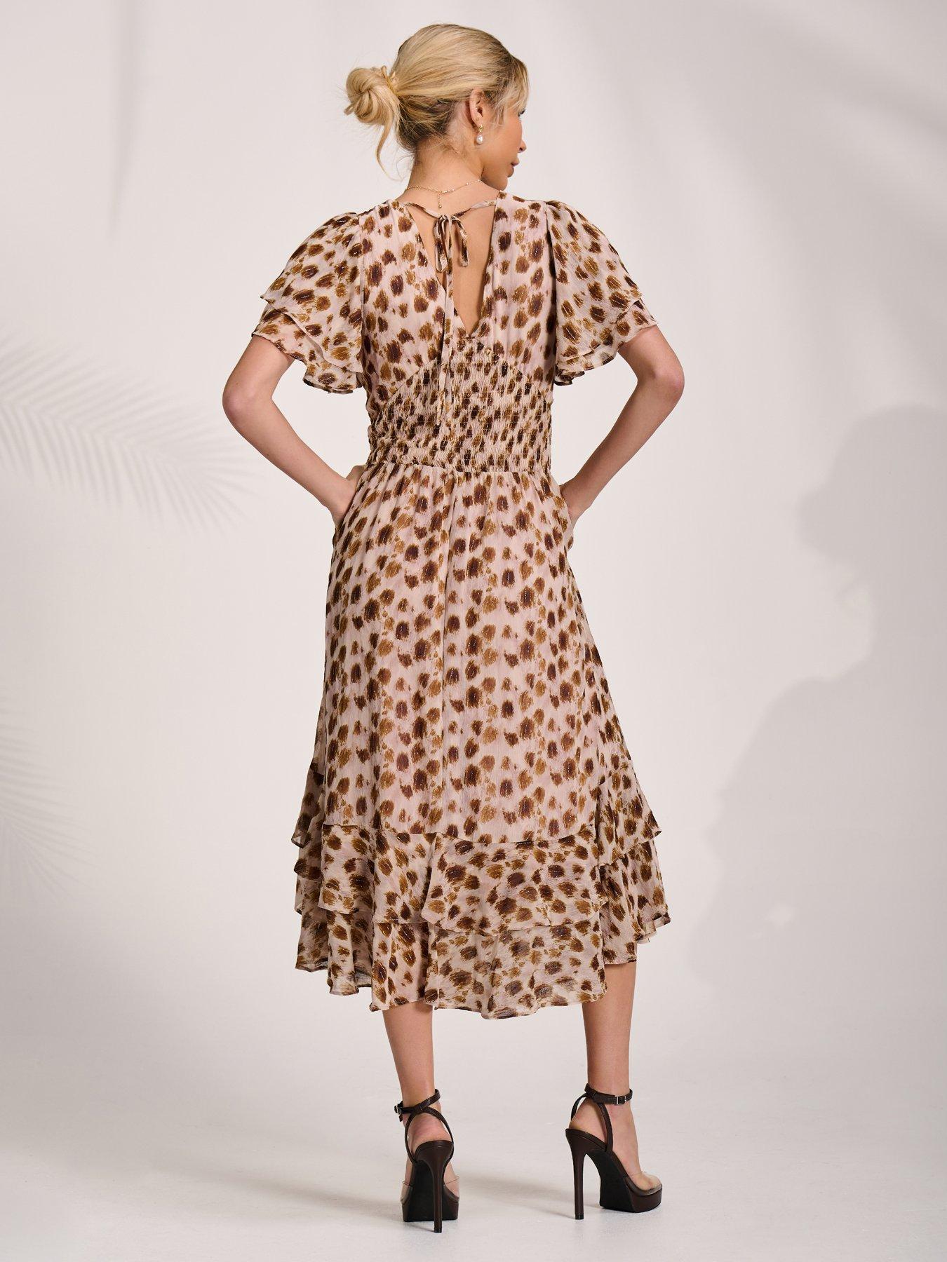 Image 2 of 7 of Jolie Moi Angel Sleeve Draped Mesh Midi Dress - Brown