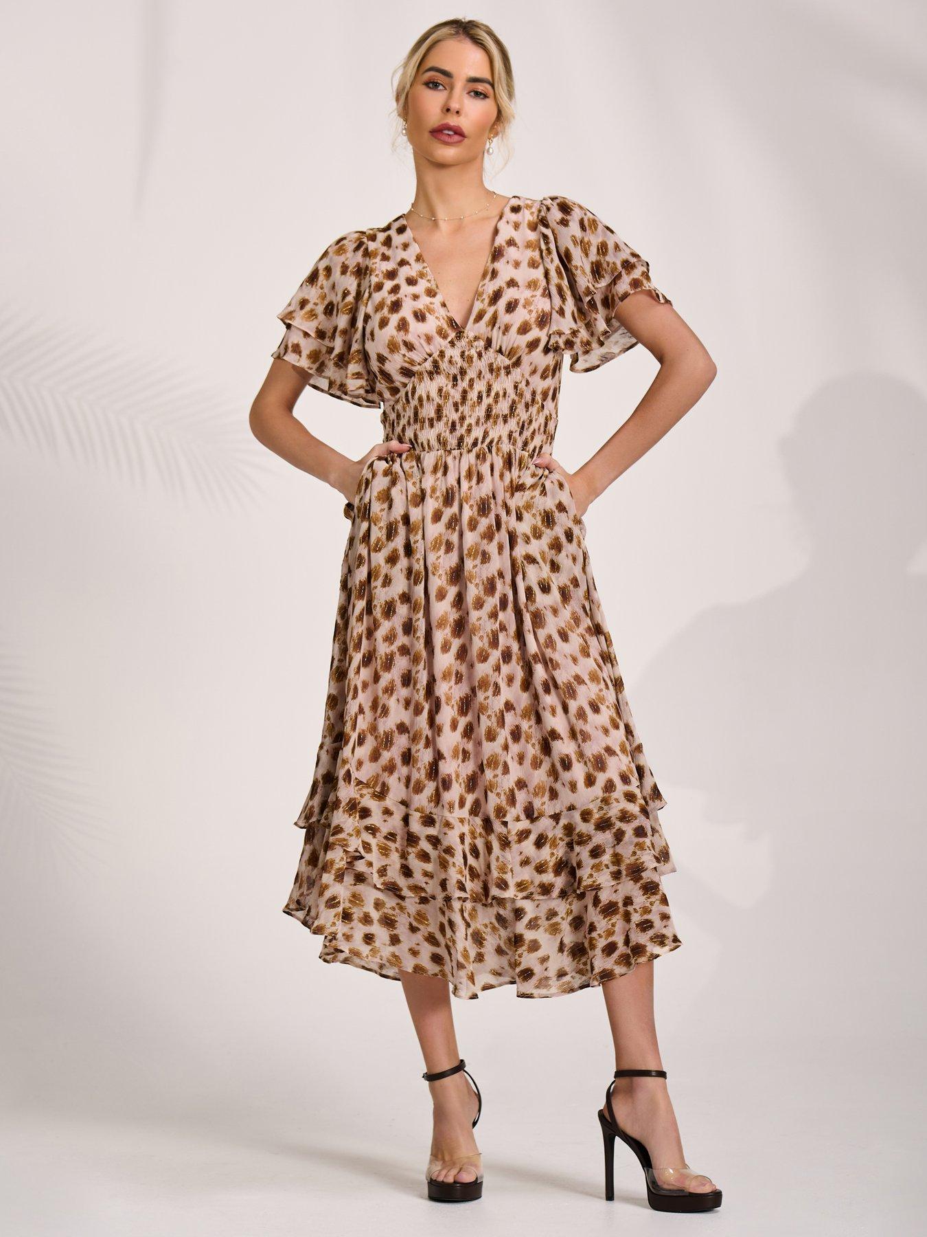 Image 3 of 7 of Jolie Moi Angel Sleeve Draped Mesh Midi Dress - Brown