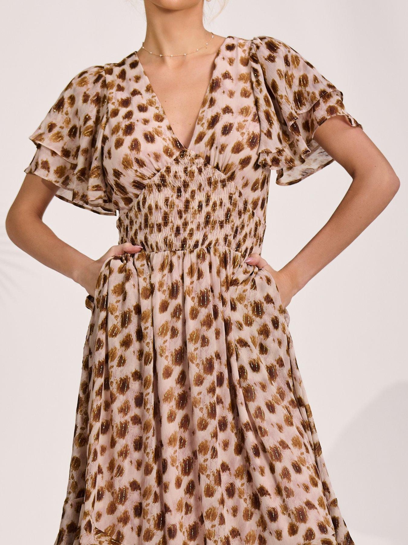 Image 4 of 7 of Jolie Moi Angel Sleeve Draped Mesh Midi Dress - Brown
