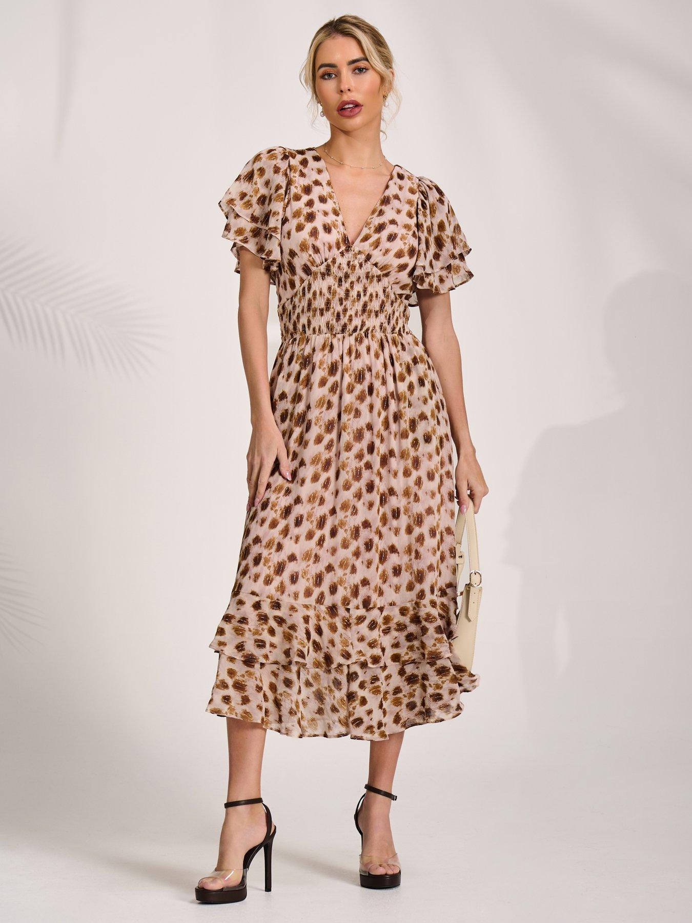 Image 5 of 7 of Jolie Moi Angel Sleeve Draped Mesh Midi Dress - Brown